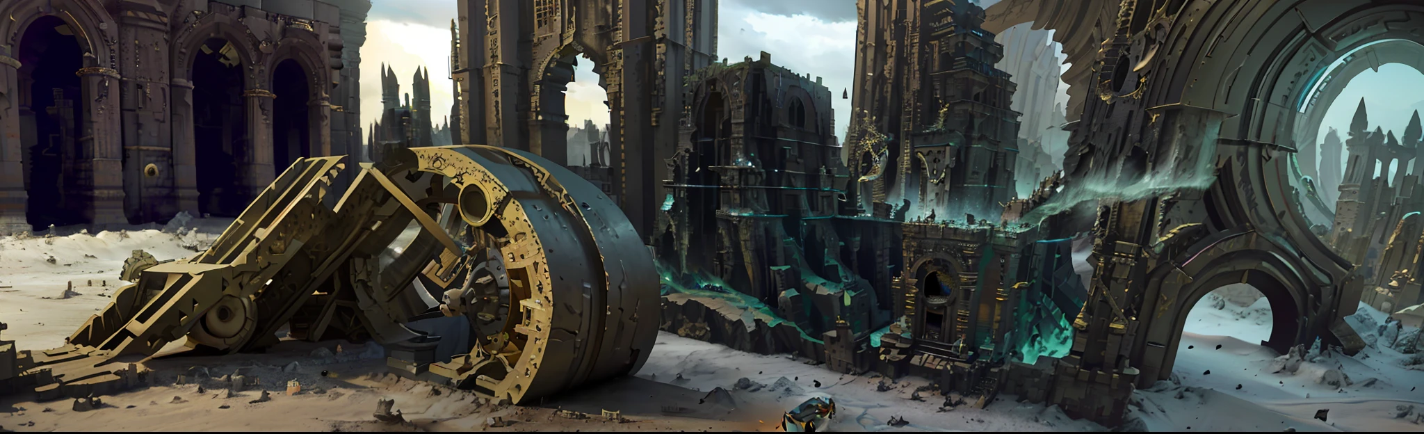 There are Fallen Kingdom Ruins, Robot City Ruins, Ornate City Ruins, Ancient Biomechanical Temple, 3D Render & Matte Painting, Extravagant Matte Painting, Complex Matte Painting, Album Cover, Magic & Steam - Punk Inspired, Hyper-Detailed 3D Matte Painting, City Ruins Background, Hyper-Detailed 3D Matte Painting