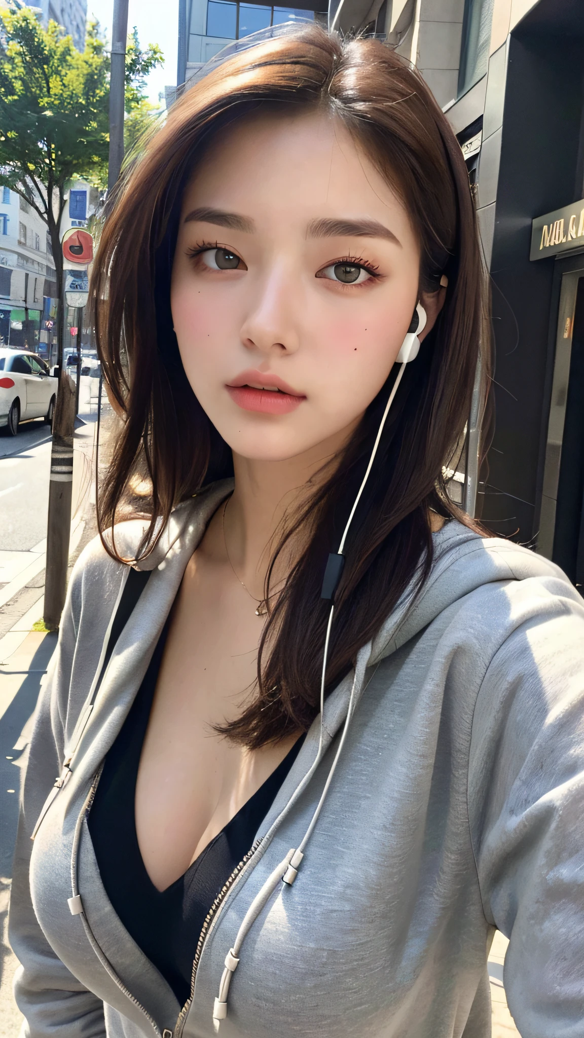 (Best quality, high resolution, masterpiece: 1.3), a beautiful woman, big breasts, slim figure, (short dark brown hair), wearing headphones, sweatshirt, on the street, details in the face and skin texture beautifully presented, detailed eyes, double eyelids, big eyes
