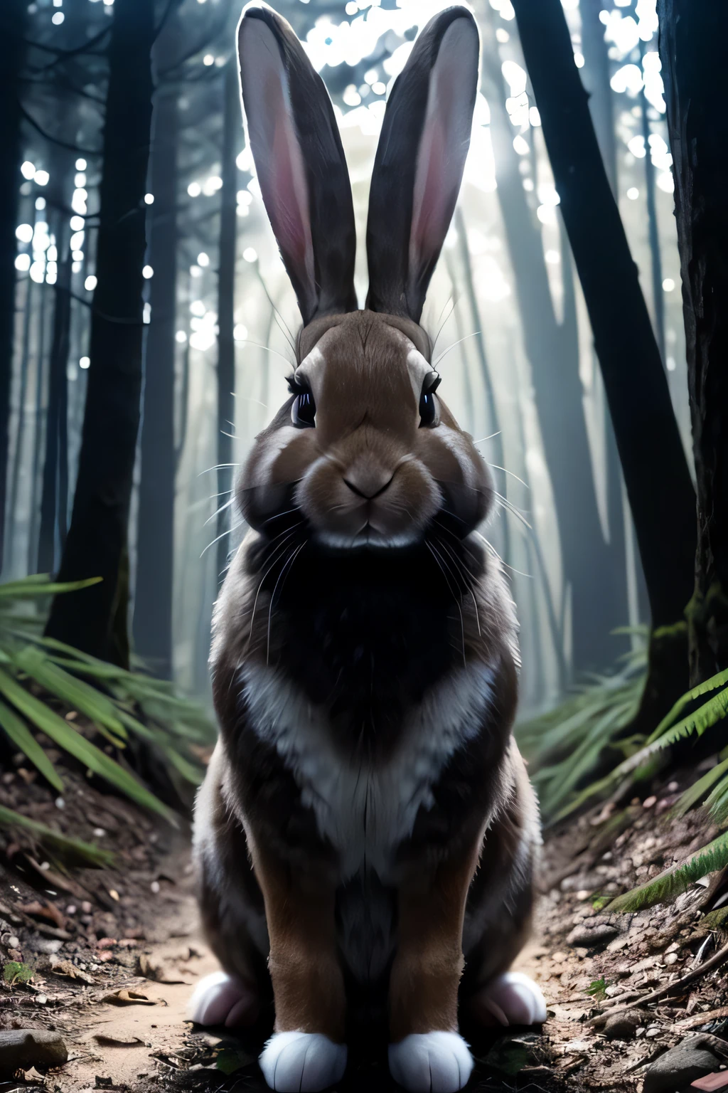 (((colorful bunny on a dirt path, dark mysterious forest, dramatic lighting, dark photo, night))),, best quality, ultra high res, (photorealistic:1.4),, high resolution, detailed, raw photo, sharp re, by lee jeffries nikon d850 film stock photograph 4 kodak portra 400 camera f1.6 lens rich colors hyper realistic lifelike texture dramatic lighting unrealengine trending on artstation cinestill 800,, photorealistic, photo, masterpiece, realistic, realism, photorealism, high contrast, photorealistic digital art trending on Artstation 8k HD high definition detailed realistic, detailed, skin texture, hyper detailed, realistic skin texture, armature