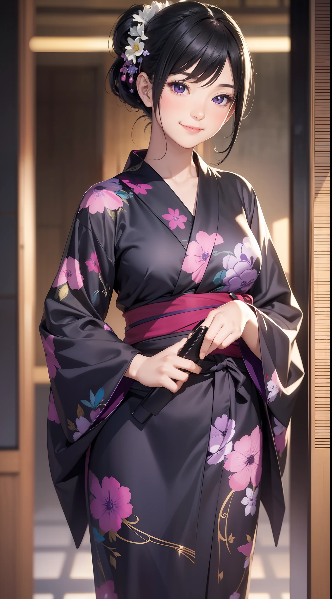 Top Quality, Masterpiece, Ultra High Resolution, (Photorealistic: 1.4), 1 girl, Black hair, Glossy skin, Dramatic lighting, No background, Purple yukata, Hairstyle up, Smile, Facing forward, Full body reflected, Very wide shot, Standing
