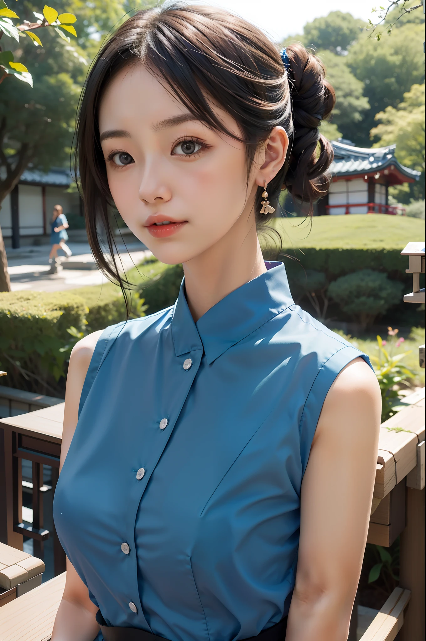 woman,japanese,blue shirt,sleeveless,realistic details, high resolution,bokeh,outstanding details