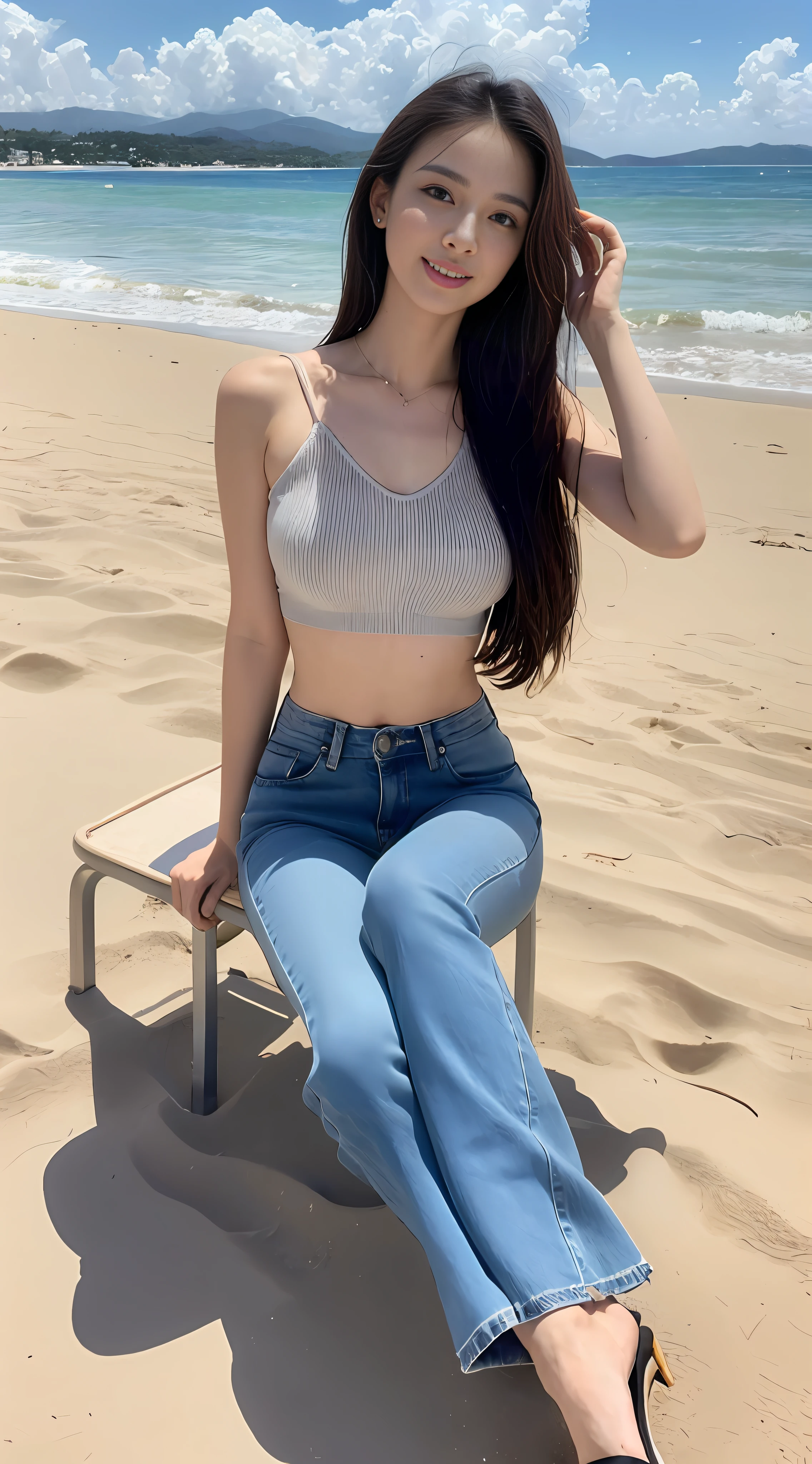 ((Best Quality, Realistic, 8K, Masterpiece: 1.3)), Focal Point: 1.5, Perfect Body: 1.4, (Long Hair)), (Wet Clothes: 1.1) , (Rain, Beach: 1.3), Semi-Nude, Sheer Shirt, Smoke-grey, Transparent, Bare breasts: 1.5, Low-rise crop top jeans, Mop pants, Microflared, Premium texture: 1.3, Premium graininess, (Delicate stiletto heeled crystal strap sandals, high quality: 1.2), Highly detailed face and skin texture, delicate eyes, Double eyelids, Skin Whitening, Smile, (Female Focus, Beach View, Waist & Buttocks Focus, Legs Spread, Sitting on the Beach, Pussy Clear, Character Focus, HD Shooting (Full body: 1.8))
