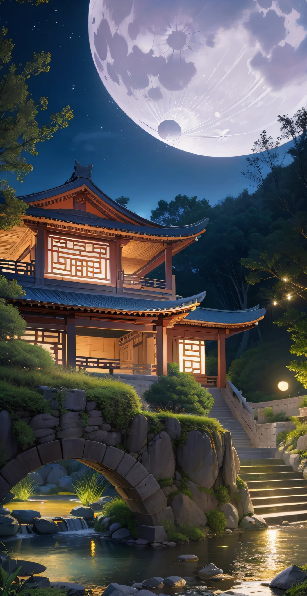 ancient chinese architecture, garden, bamboo, lake, stone bridge, rockery, arch, corner, rockery, tree, flowing water, landscape, outdoor, waterfall, meadow, rocks, water lilies, stream, lotus, moon ((moon:1.4)), night view ((night view: 1.2))), hot spring, water vapor, epic composition, realistic lighting, hd detail, sony fe gm, first person view, f/16, ultra wide angle, masterpiece, best quality, (best quality), uhd, super detail, high detail, high quality,  Award-winning, best quality, high resolution, 16k