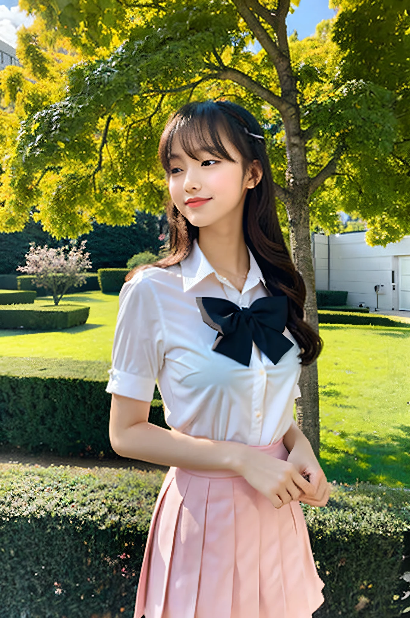 4K, LDR, best quality, masterpiece, high detail, super high resolution, digital photography, bangs, film lighting, (Fujifilm color:1.2) portrait, wide angle view, professional, (photography: 1.2), (dynamic pose: 1.1), (close up), 1 girl, solo, slightly smiling, delicate face, medium breasts, wide hips, classic wavy long hair, (FSB:1.5), (Frosuke: 1.5), white shirt, (BREAK black bra),bow, BREAK pink pleated skirt, school uniform, school bag, short sleeves, bangs, outdoor,collared shirt,park,tree,flower,blurred background, look to the side,dress shirt,blue sky,cloud