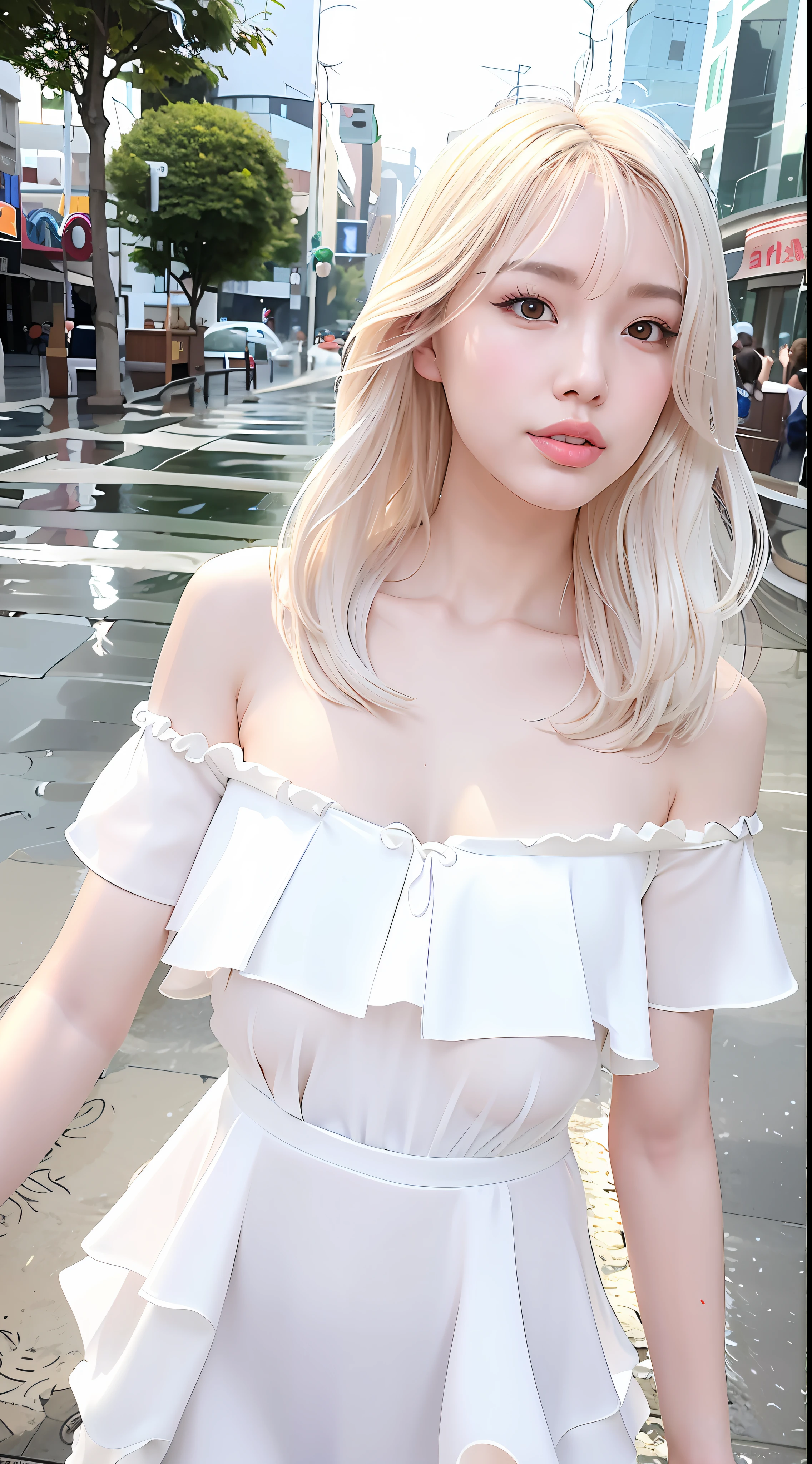 Asian woman in white dress walking under Canton Tower, light milky white porcelain skin, light color half-open dress, height 165 cm, open dress, translucent dress, bandeau dress, height 155 cm, smooth translucent white skin, wearing wet white short skirt, milky white skin