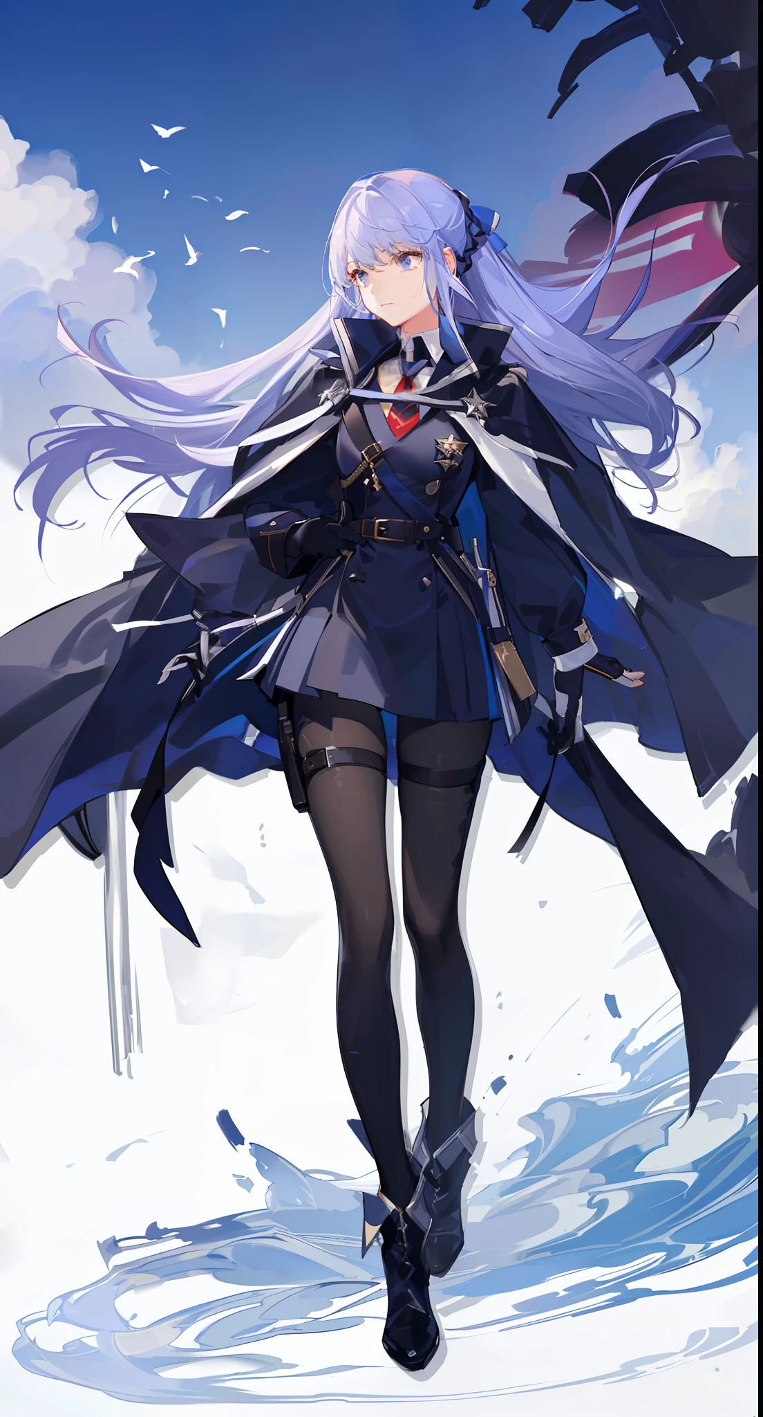 (Hyper Extreme Detail), (Masterpiece), (Hyper Extreme), (Photorealistic), Realistic Texture, CG, (Color: 1.2), Beautiful Lighting, Light from the Front, Solo, (Azure Lane), 8 Heads, Long Legs, Light Purple Hair, Ultra High Definition Face, Long Hair, Hair Tied Back with Blue Ribbon, Pin-heeled Seat Boots Folded, Red tie, open chest military uniform costume with blue collar, tight miniskirt dress without sleeves, (black pantyhose), military cape with jacket, (military), standing on the sea, beautiful sea, beautiful blue sky in daytime, splash