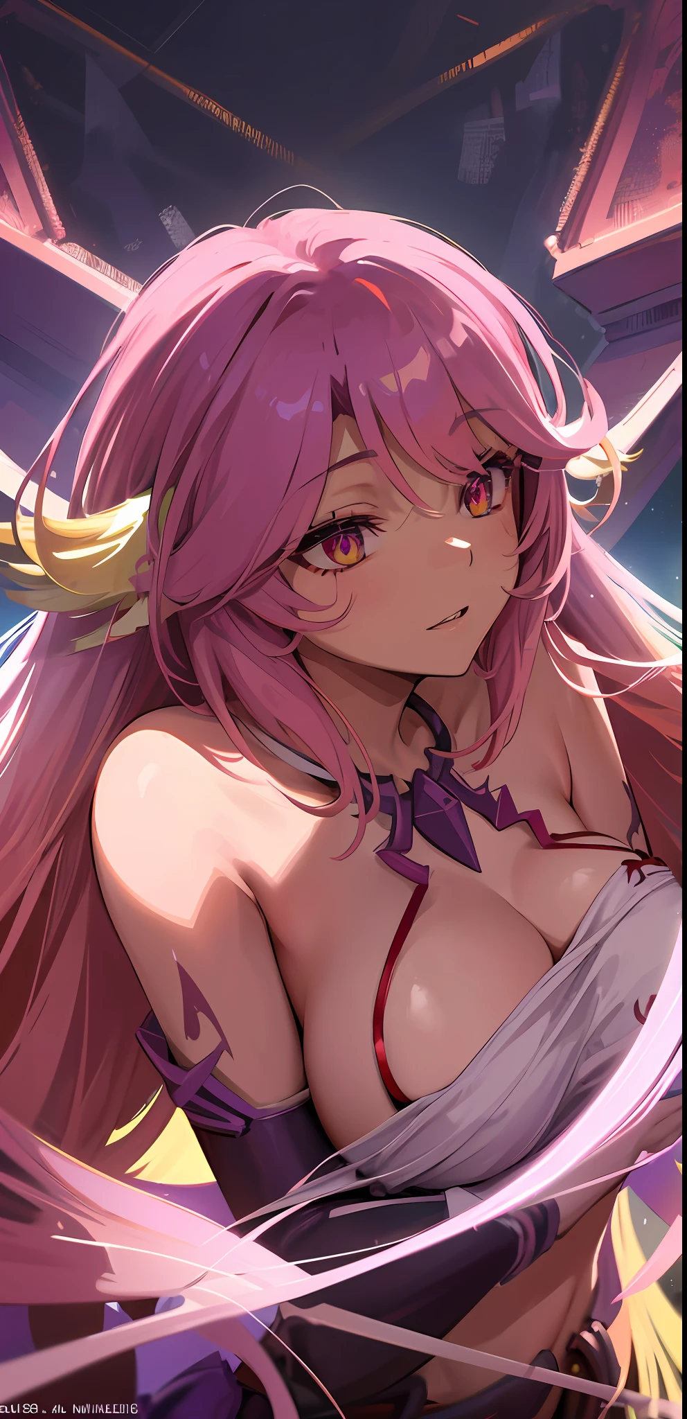 Ultra-detail,(highres:1.1),best quality,(masterpiece:1.3),cinematic lighting,
ngnl_jibril,long hair,pink hair,halo,showing back,looking away
(detailed face and eyes:1.3),detailed teeth,close up, large breast