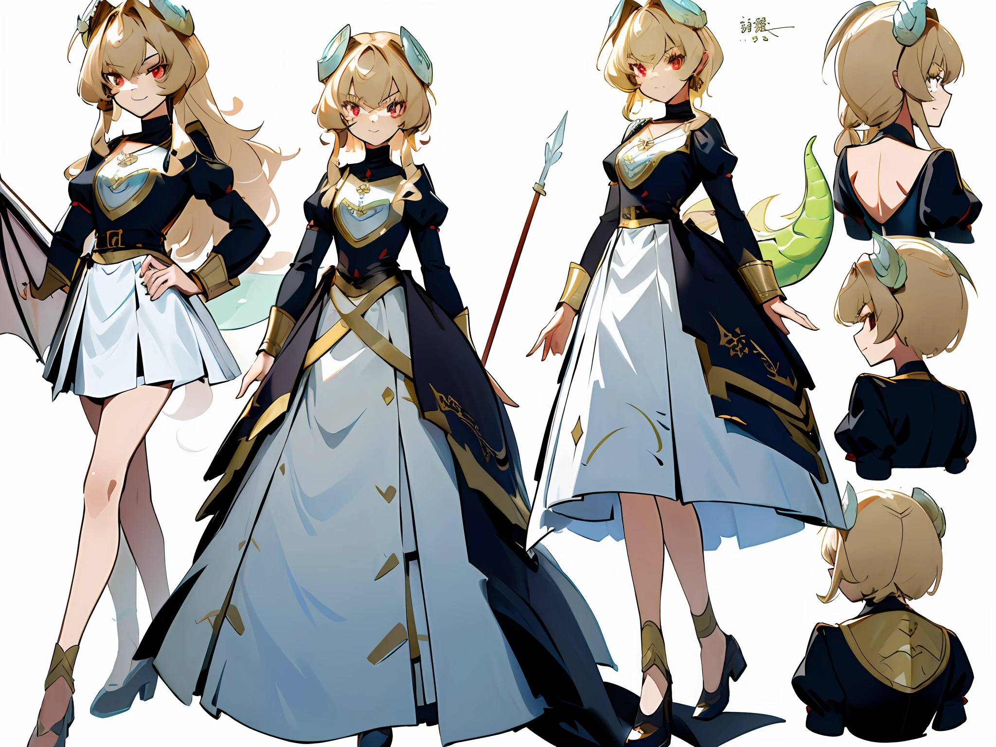 ((masterpiece)), ((best quality))), (character design sheet, same character, front, side, back), illustration, 1 girl, magic, charturnbetalora, (simple background, white background: 1.3) masterpiece: 1.6, best quality: 1.4, real shot: 1.2, detail: 1.2, charturnerv2: 1.2, 1lady, full body character turn, appearance: slim :1.3, Red Eyes, Small Breasts, Dragon Knight, Archer, Weapons Bow and Arrow, Flat Chest, Sharp Eyes, Clothing: White Bib, Short Skirt, Backless Outfit, Dragon Tail, Accessories: Gold Ring, Simple Hoop Earrings, Shell Necklace, Bow, Hair Accessories, Hair: Long Blonde Hair, Messy Hair, Makeup: Natural, Glow Skin, (Simple Background, White Background: 1.3), Multi-View, Multi-View of the Same Character in the Same Outfit: 1.3.