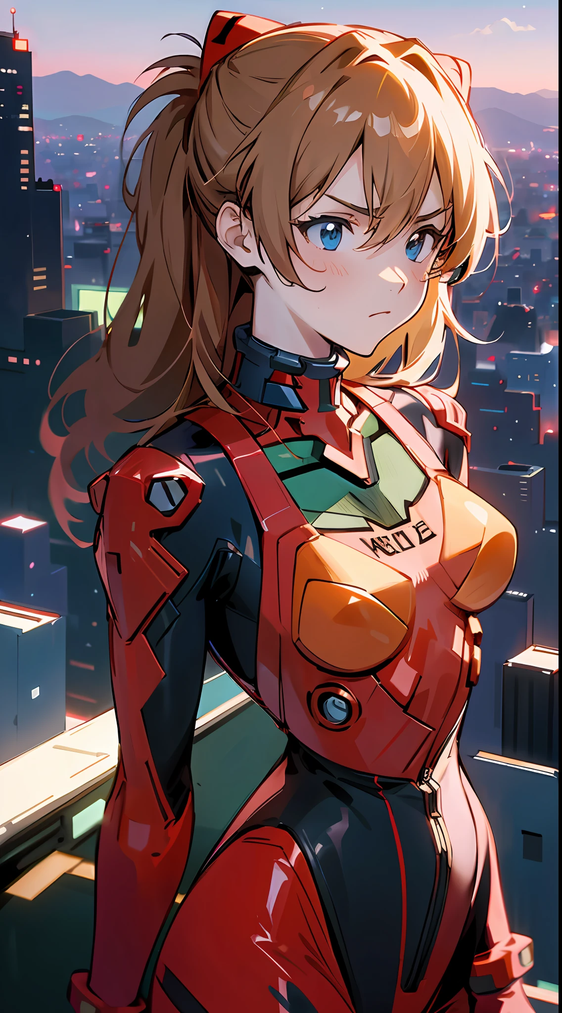 Asuka, 1 girl, driving suit, modern city, city rooftop side, dusk, depth of field, mountain, dusk light, cloud, 8k, best quality, proud expression, serious expression