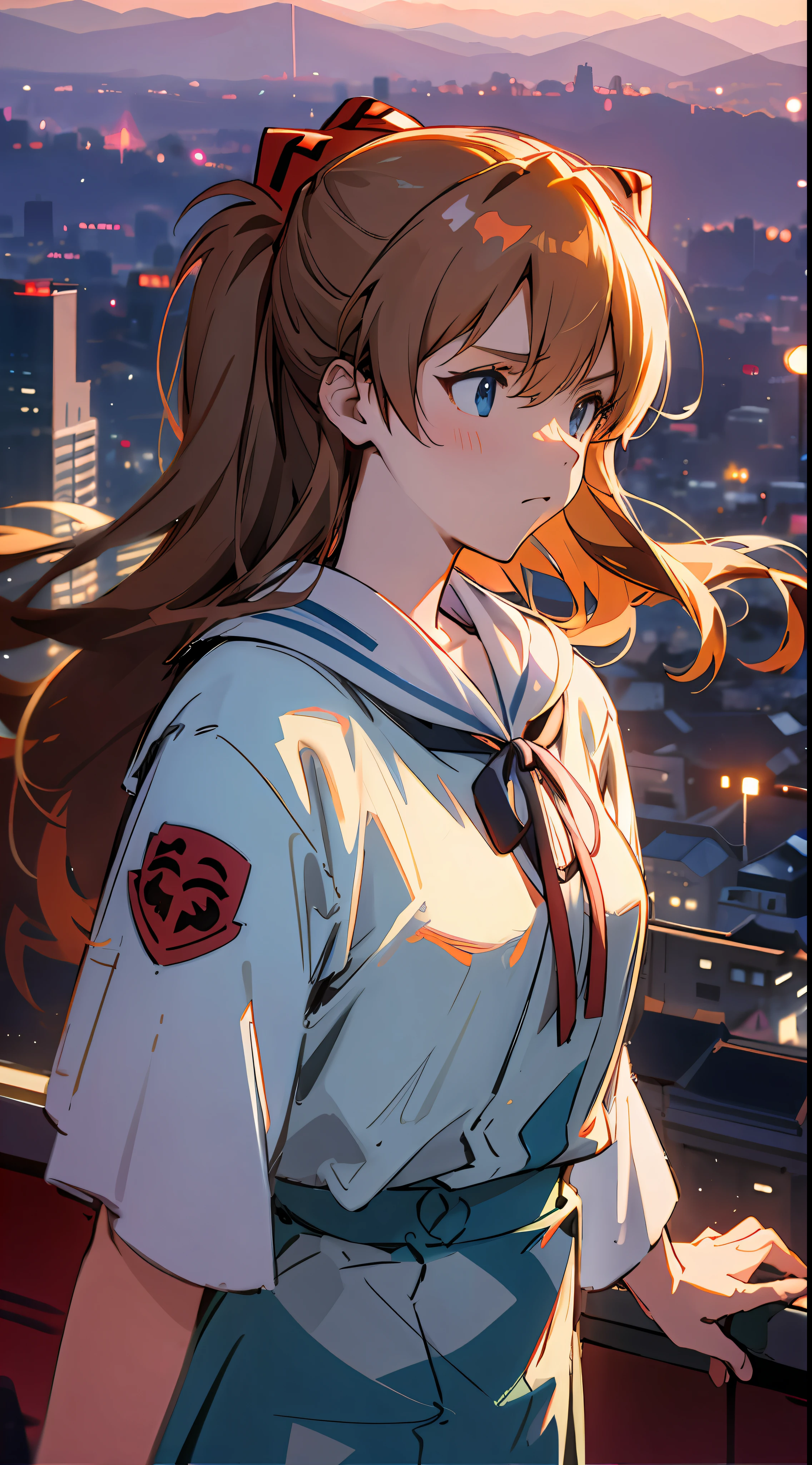 Asuka, 1 girl, school uniform, modern city, city rooftop side, dusk, depth of field, mountain, dusk light, cloud, 8k, best quality, proud expression, serious expression