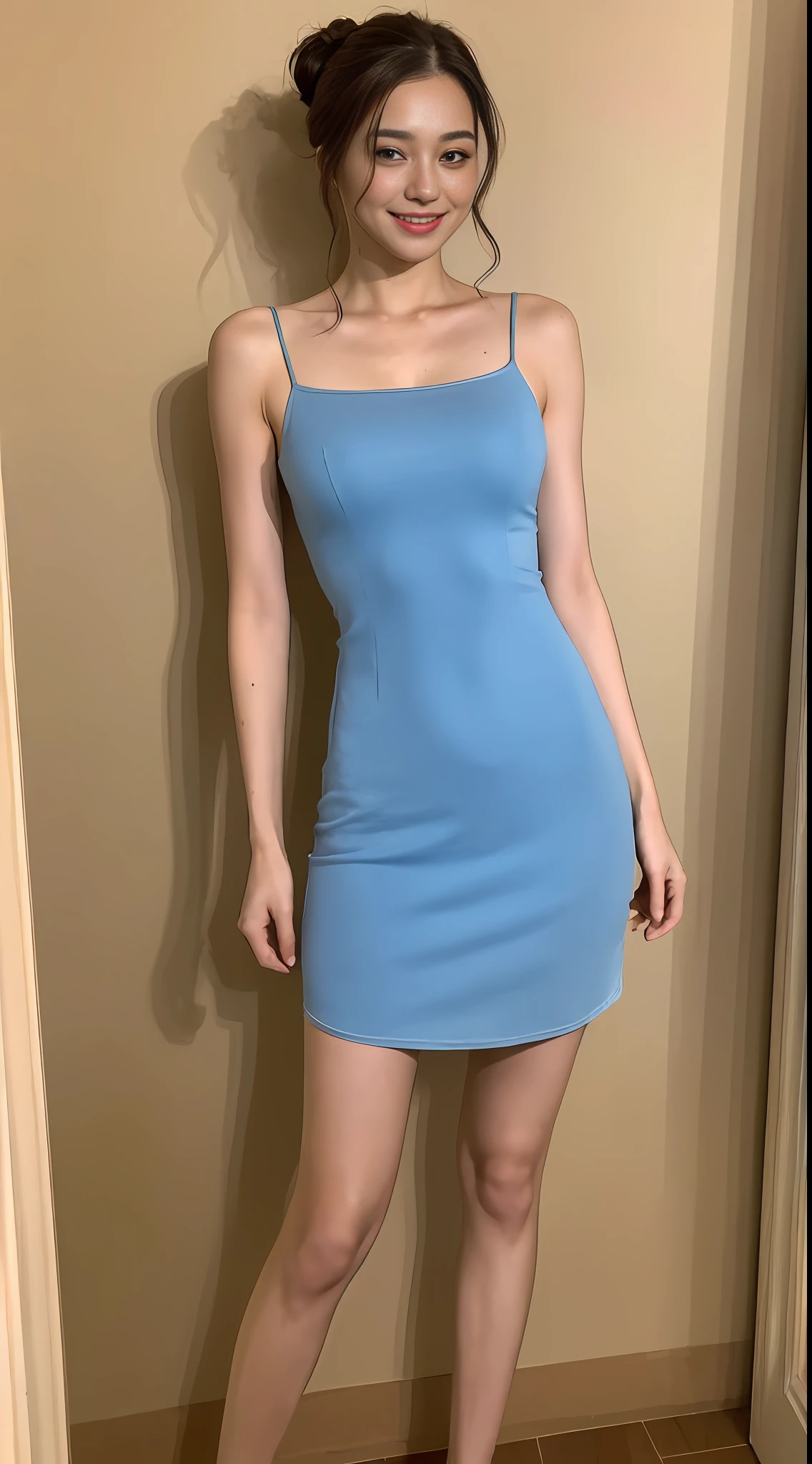 ((Best Quality, 8K, Masterpiece: 1.3)), 1girl, Slim Abs Beauty: 1.3, (Casual hairstyle, No big breasts: 1.2), Dress: 1.1, Super fine face, Delicate eyes, Double eyelids, smile, home, full body, long legs