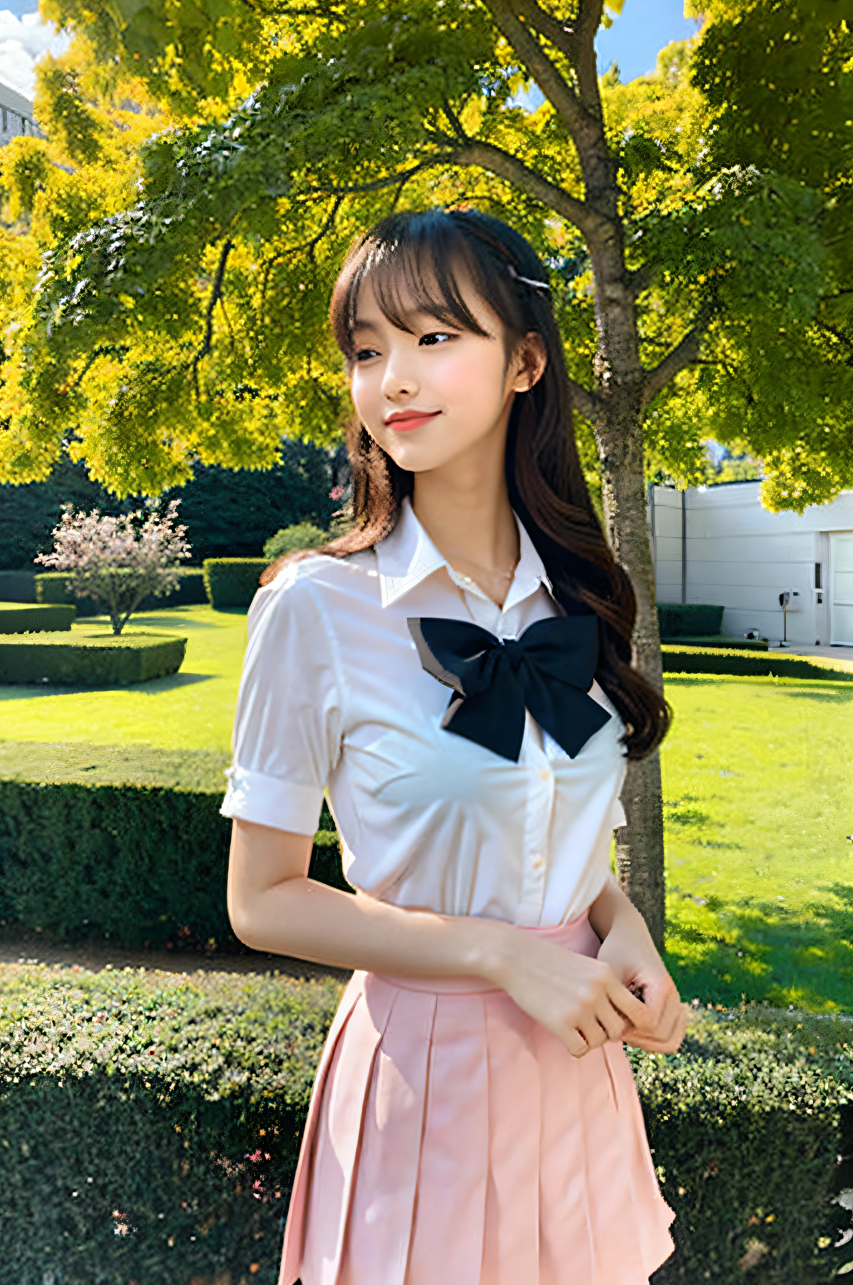 4K, LDR, best quality, masterpiece, high detail, super high resolution, digital photography, bangs, film lighting, (Fujifilm color:1.2) portrait, wide angle view, professional, (photography: 1.2), (dynamic pose: 1.1), (close up), 1 girl, solo, slightly smiling, delicate face, medium breasts, wide hips, classic wavy long hair, (FSB:1.5), (Frosuke: 1.5), white shirt, (BREAK black bra),bow, BREAK pink pleated skirt, school uniform, school bag, short sleeves, bangs, outdoor,collared shirt,park,tree,flower,blurred background, look to the side,dress shirt,blue sky,cloud