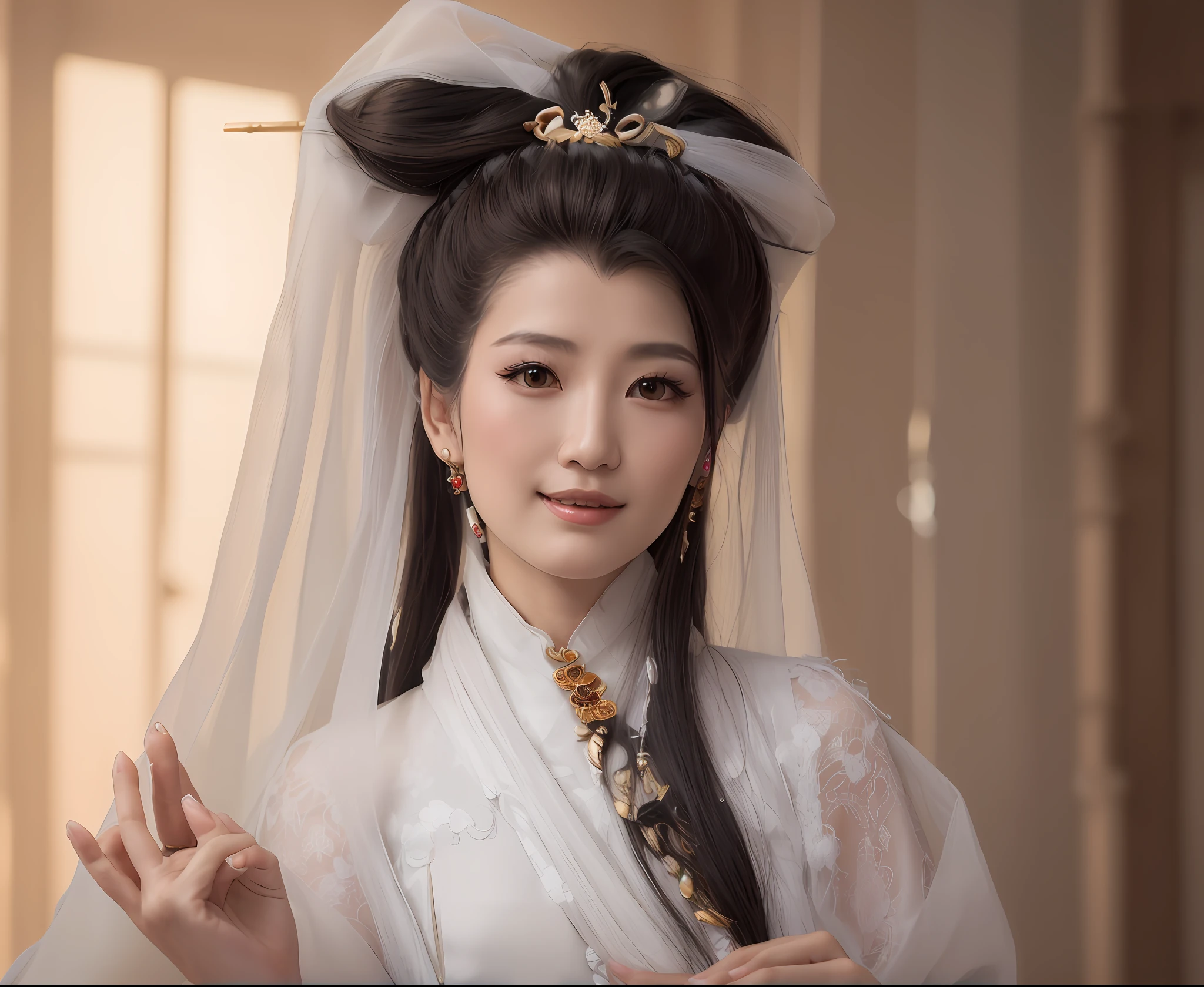 arafed woman in a white dress and black headdress posing for a picture, ancient chinese princess, ancient chinese beauties, heise-lian yan fang, traditional female hairstyles, inspired by Li Mei-shu, chinese princess, wearing ancient chinese clothes, maggie cheung, white hime cut hairstyle, chinese woman, zhang daqian, a young woman as genghis khan