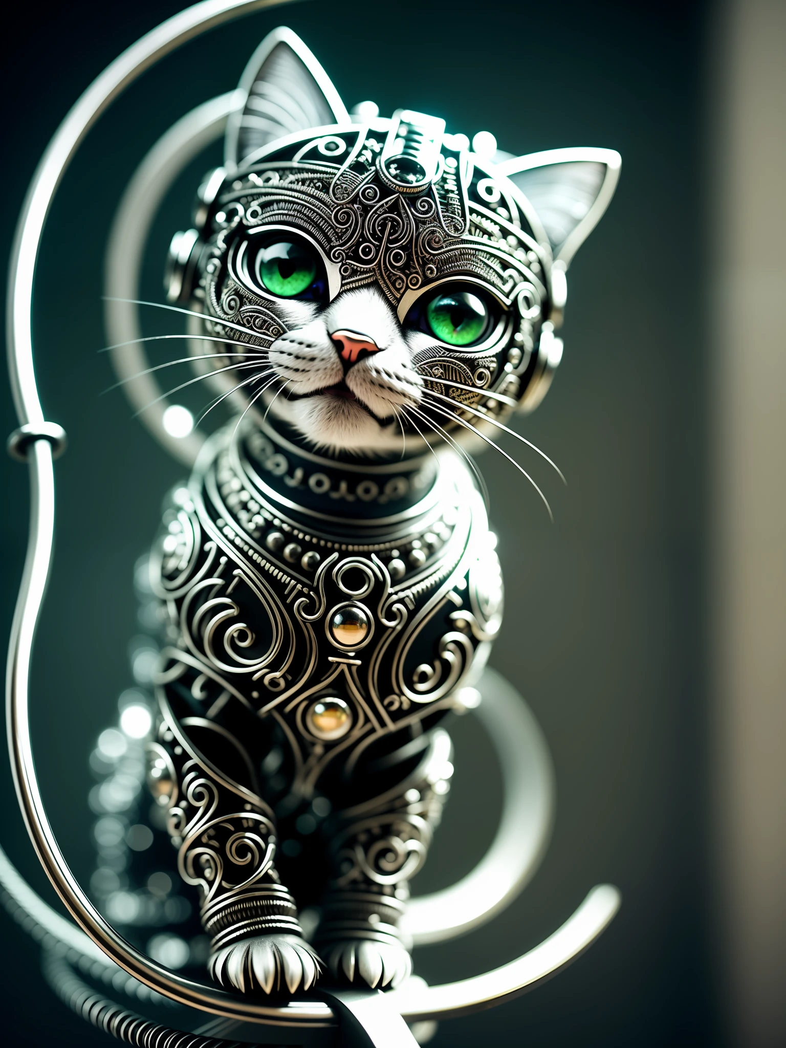 a cute kitten made out of metal, (cyborg:1.1), ([tail | detailed wire]:1.3), (intricate details), hdr, (intricate details, hyperdetailed:1.2), cinematic shot, vignette, centered