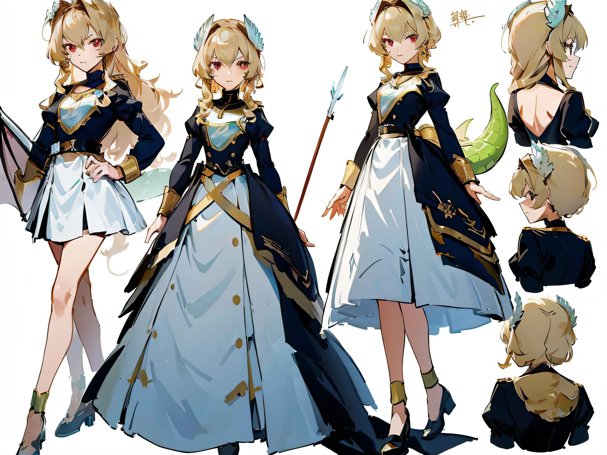 ((masterpiece)), ((best quality))), (character design sheet, same character, front, side, back), illustration, 1 girl, magic, charturnbetalora, (simple background, white background: 1.3) masterpiece: 1.6, best quality: 1.4, real shot: 1.2, detail: 1.2, charturnerv2: 1.2, 1lady, full body character turn, appearance: slim :1.3, Red Eyes, Small Breasts, Dragon Knight, Archer, Weapons Bow and Arrow, Flat Chest, Sharp Eyes, Clothing: White Bib, Short Skirt, Backless Outfit, Dragon Tail, Accessories: Gold Ring, Simple Hoop Earrings, Shell Necklace, Bow, Hair Accessories, Hair: Long Blonde Hair, Messy Hair, Makeup: Natural, Glow Skin, (Simple Background, White Background: 1.3), Multi-View, Multi-View of the Same Character in the Same Outfit: 1.3.