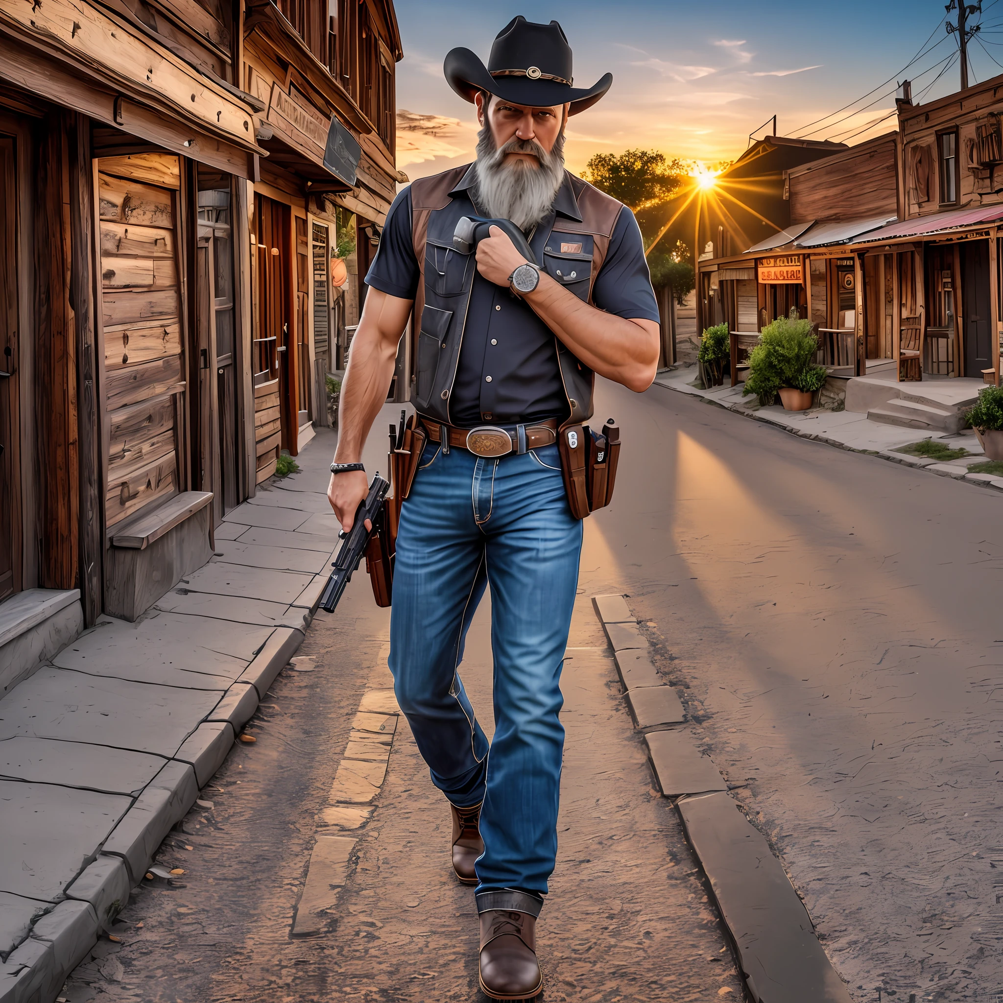 (8k, RAW photo, best quality, masterpiece: 1.2), (realistic, photo-realistic: 1.37), ultra high resolution, professional lighting, photon mapping, radiosity, physically-basic rendering, cinematic lighting, 1 cowboy, black rat, wielding a glock 19x pistol, strong body, short beardshort beard, looking at viewer, posing, full body, old west city, sunset --auto --s2