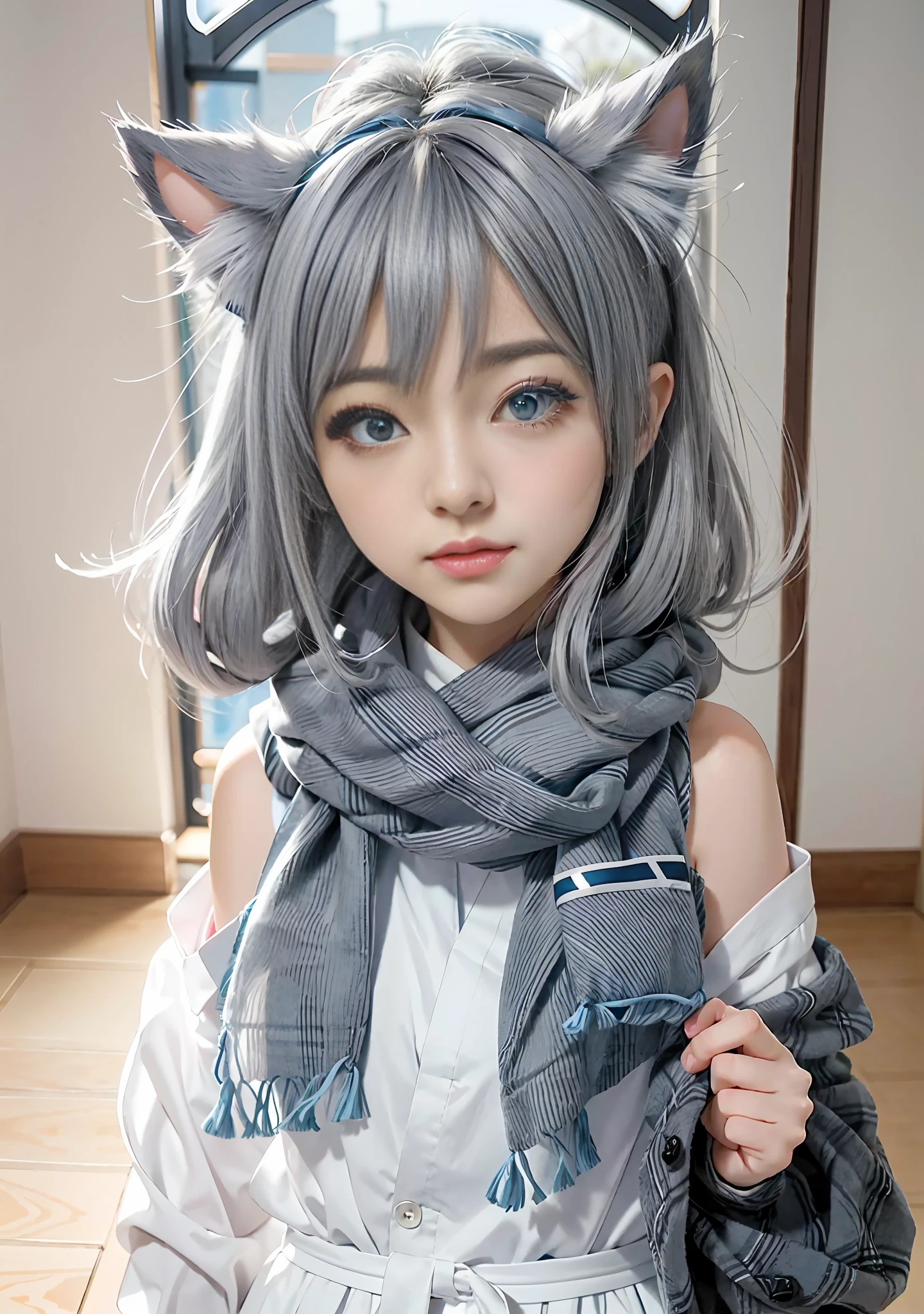 anime girl with gray hair and blue eyes wearing a scarf, cute anime catgirl, anime moe artstyle, beautiful anime catgirl, anime catgirl, nyaruko-san, anime girl with cat ears, cute anime girl, cute anime girl portraits, anime visual of a cute girl, anime character, cute anime girl portrait, very beautiful anime cat girl