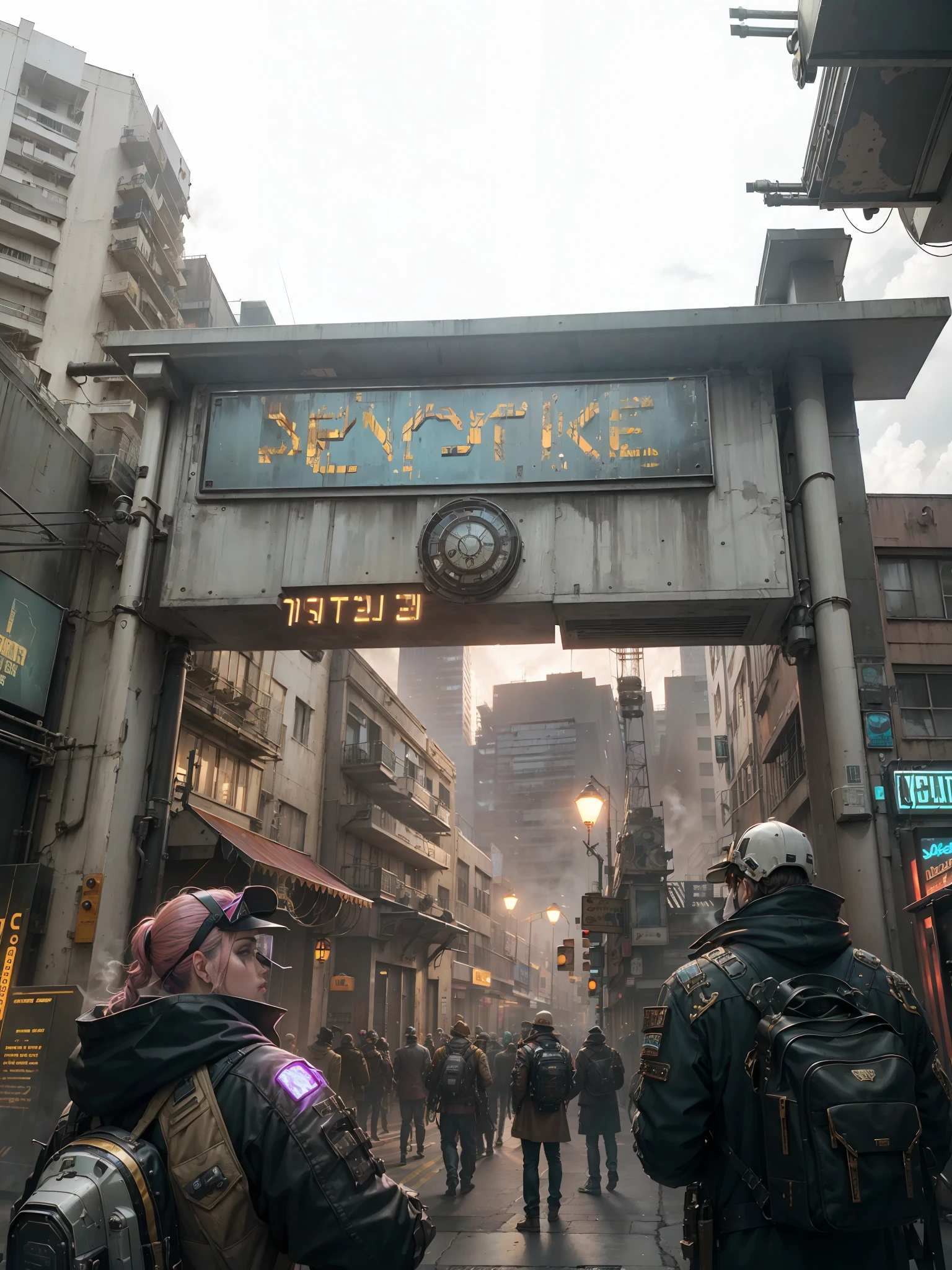 A Vaporpunk style street scene, metal Vaporpunk sci-fi gate, clock, gear, flue, retro machine, machine finger perfect, many people in steampunk costumes enter the gate, parts protrude, complex machine structure and parts, vertical and horizontal pipes, smoke, metallic texture, battle damage, sense of technology, strong contrast lighting, steampunk, dim sky, background paste, HD, 8K, realism, dark yellow light