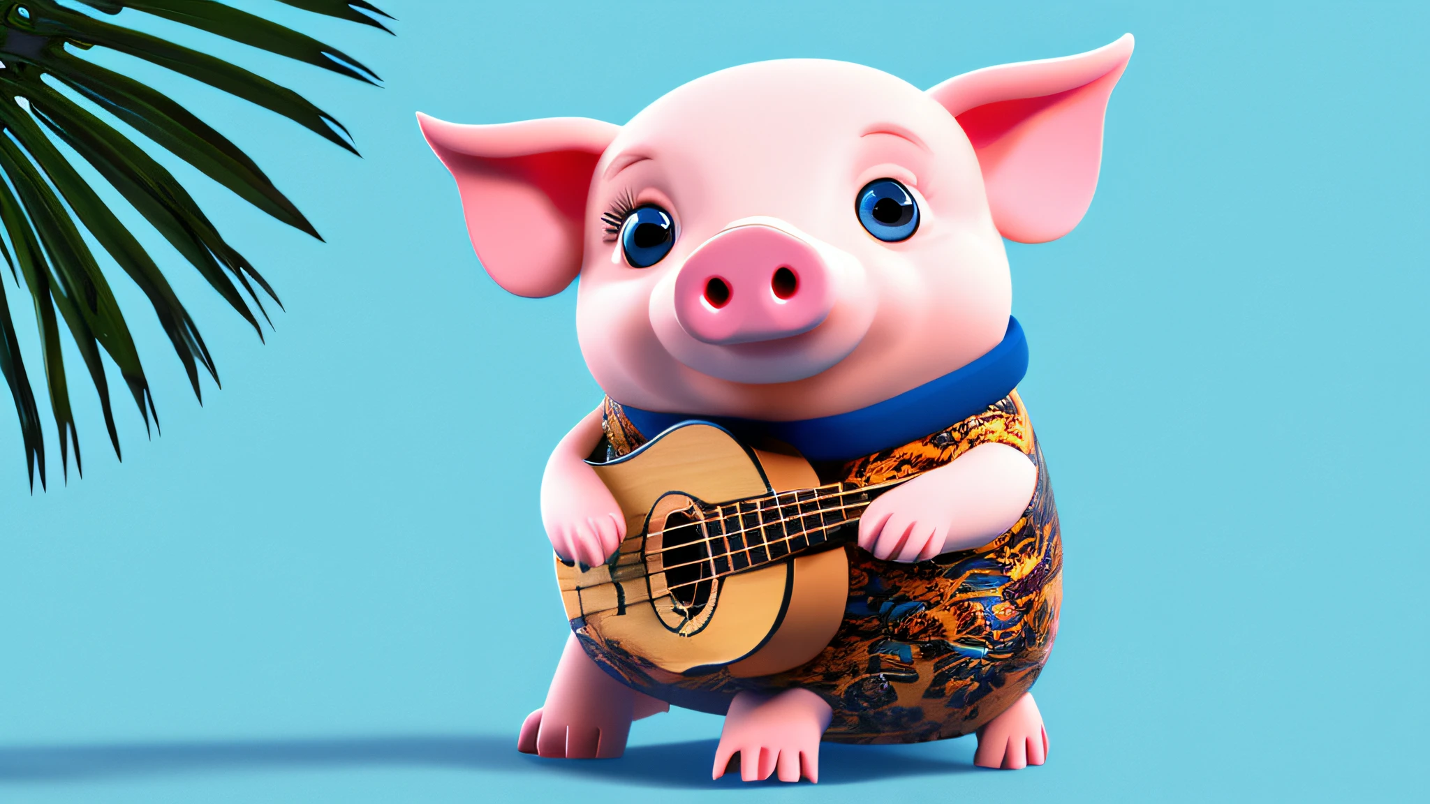 8K,Solo Pig, Wearing an Hawaiian Shirt, Playing Ukulele,Small Ears,Small Nose,Looking Up Perspective, Cute Illustration, 2D Cartoon,Background Color Blue