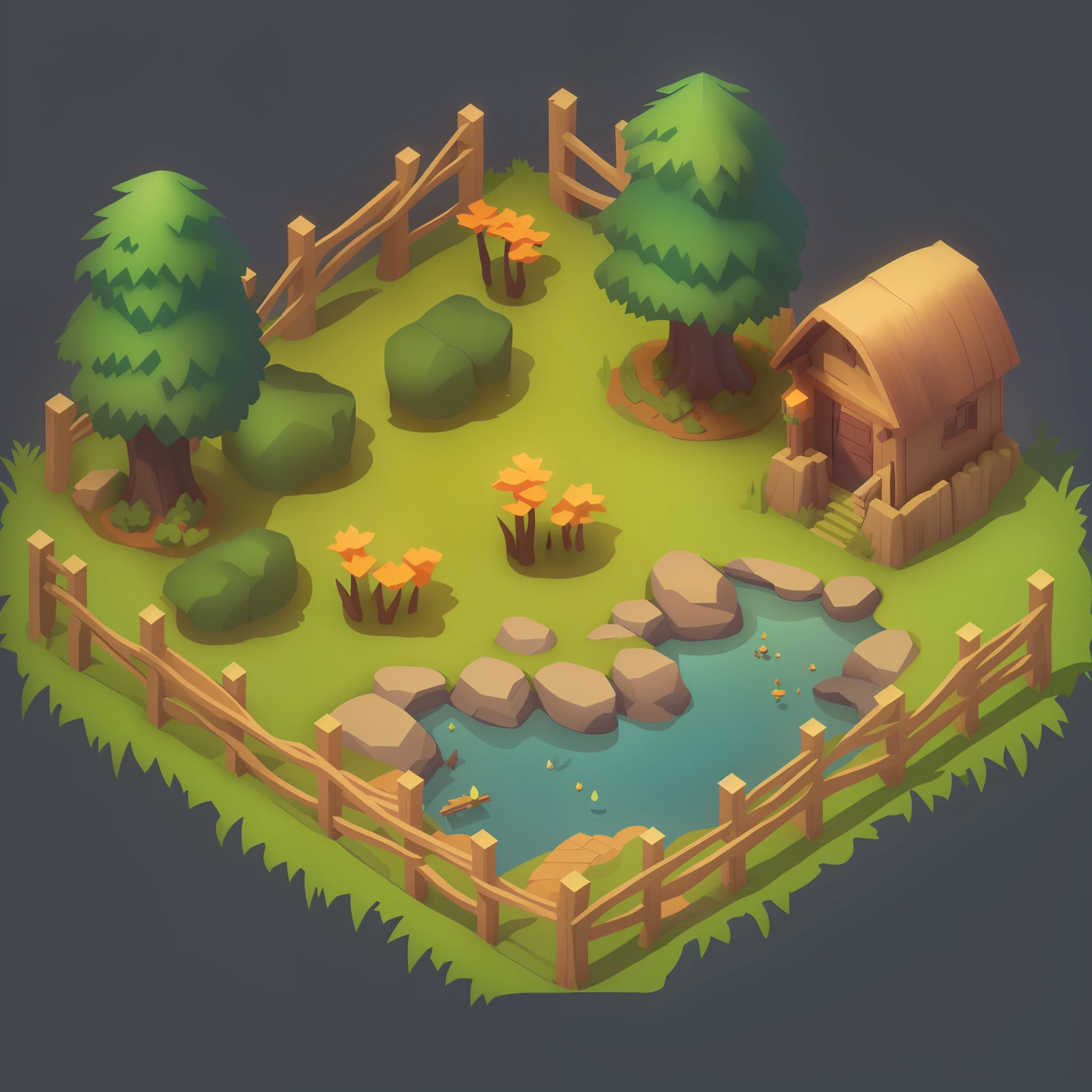 a cartoon style illustration of a small pond surrounded by trees, isometric game asset, stylized game art, isometric 2 d game art, isometric game art, game asset, rpg game environment asset, 2 d game environment design, mobile game asset, stylized concept art, 2d game asset, 3 d render stylized, isometric 3d fantasy