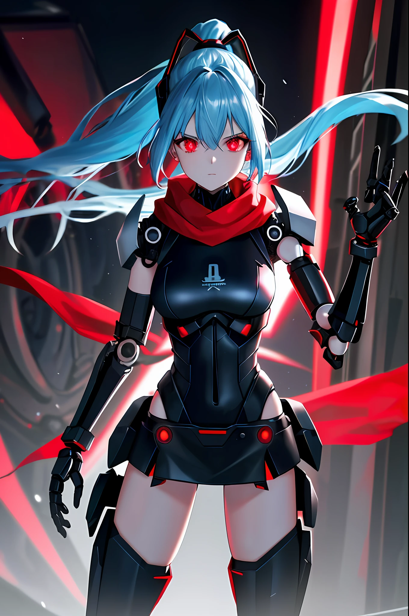 Absurd, very accurate details, highly detailed 8K wallpaper, (transcendent beautiful girl: 1.5), break, light blue hair, ponytail, exoskeleton spine, bodysuit, (red glowing eyes: 1.1), break, (mechanical joints, mechanical limbs: 1.3), perfect five fingers, headgear, break, (dynamic angle: 1.4), red scarf, black miniskirt, cyberpunk, devastated world,