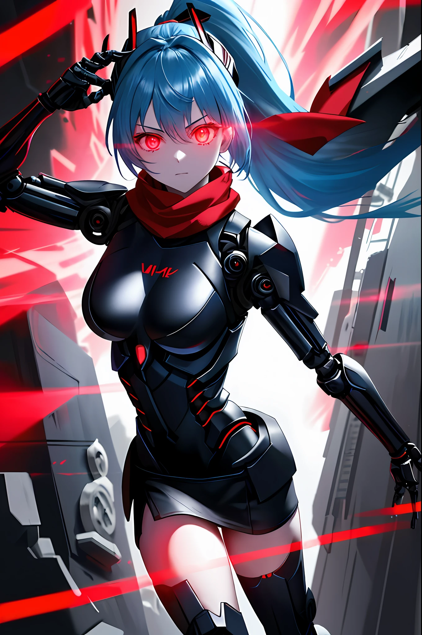 Absurd, very accurate details, highly detailed 8K wallpaper, (transcendent beautiful girl: 1.5), break, light blue hair, ponytail, exoskeleton spine, bodysuit, (red glowing eyes: 1.1), break, (mechanical joints, mechanical limbs: 1.3), perfect five fingers, headgear, break, (dynamic angle: 1.4), red scarf, black miniskirt, cyberpunk, devastated world,