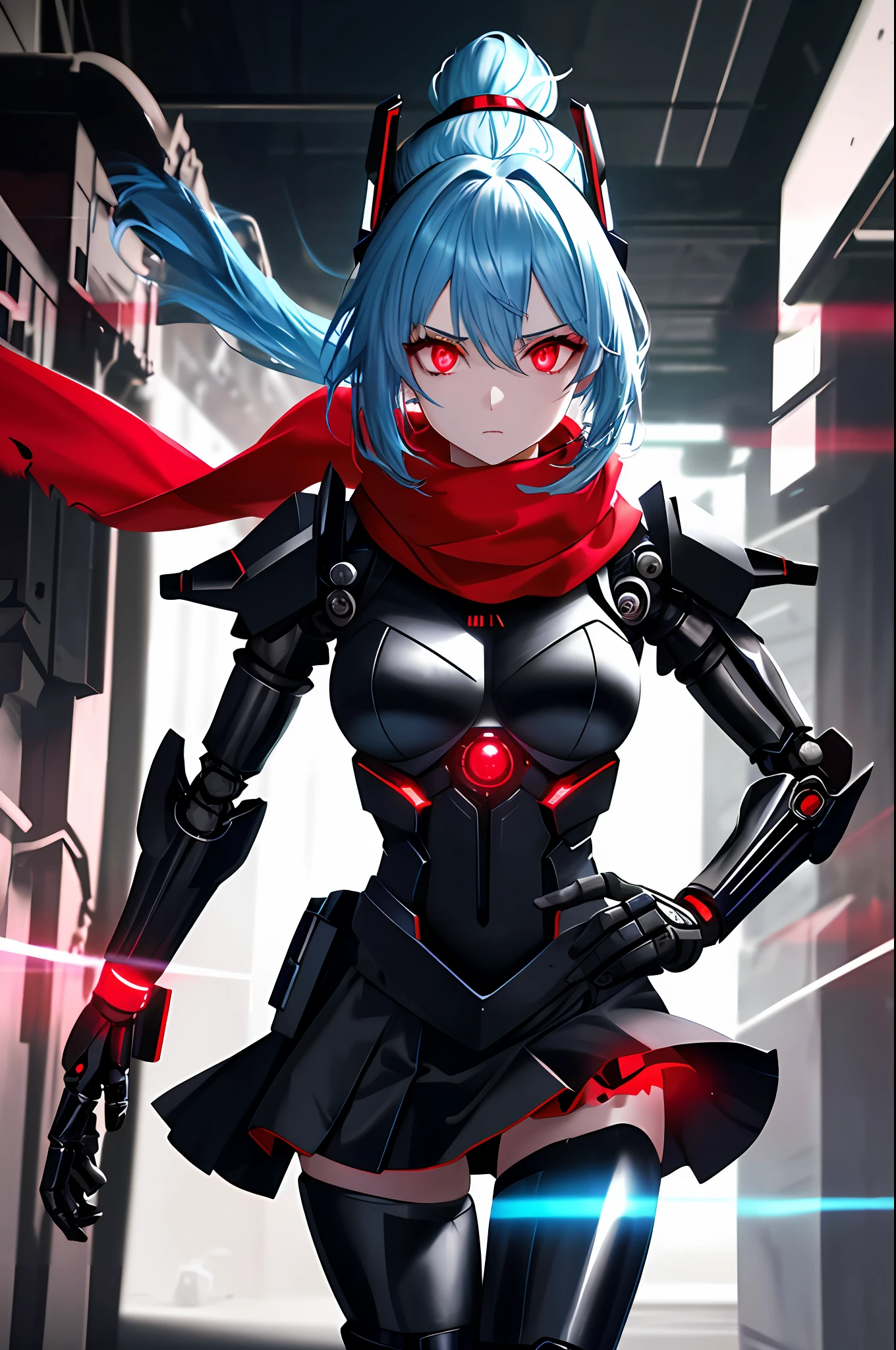Absurd, very accurate details, highly detailed 8K wallpaper, (transcendent beautiful girl: 1.5), break, light blue hair, ponytail, exoskeleton spine, bodysuit, (red glowing eyes: 1.1), break, (mechanical joints, mechanical limbs: 1.3), perfect five fingers, headgear, break, (dynamic angle: 1.4), red scarf, black miniskirt, cyberpunk, devastated world,