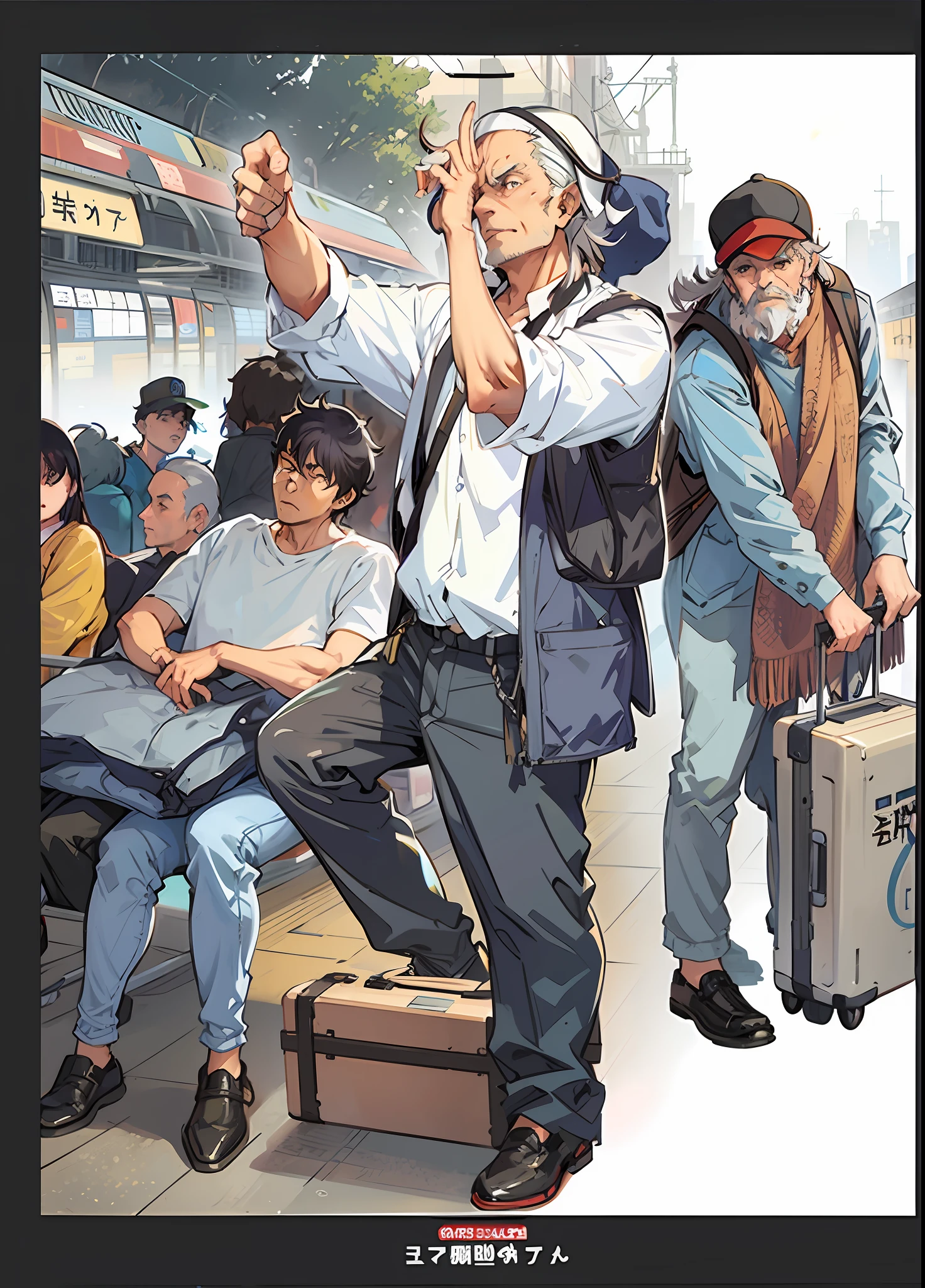 there is a man standing on a train platform with a suitcase, martin ansin, moebius and makoto shinkai, yoji shinkawa and geof darrow, by Yoshihiko Wada, artwork in the style of guweiz, by Jang Seung-eop, kawacy, by Tetsugoro Yorozu