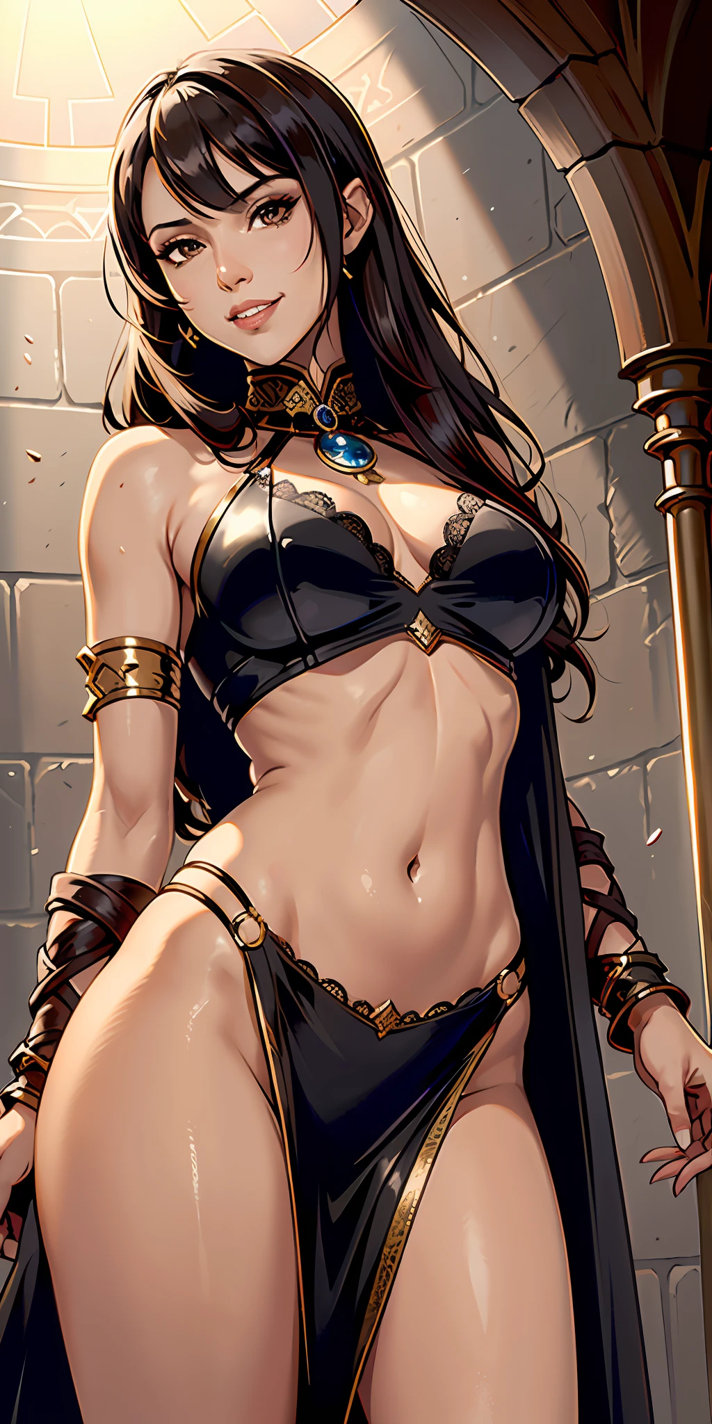 Photorealistic, raw photo, hyper detailed, detailed background, studio lights, chromatic freak, best shadows, solo, 1 woman, an arabian princess, brown skin, brown eyes, wearing sexy clothing Royal black leather, Medieval Arabia, shoulders showing, navel showing, lace, makeup, small tight breasts, shiny skin, realistic skin texture, HDR, 8K, sharp focus, cinematic, intimidating, (low angle shot), (((she is ready to punish her sub))), she is standing, looking at viewer, grin smile, in palace prison, dungeon