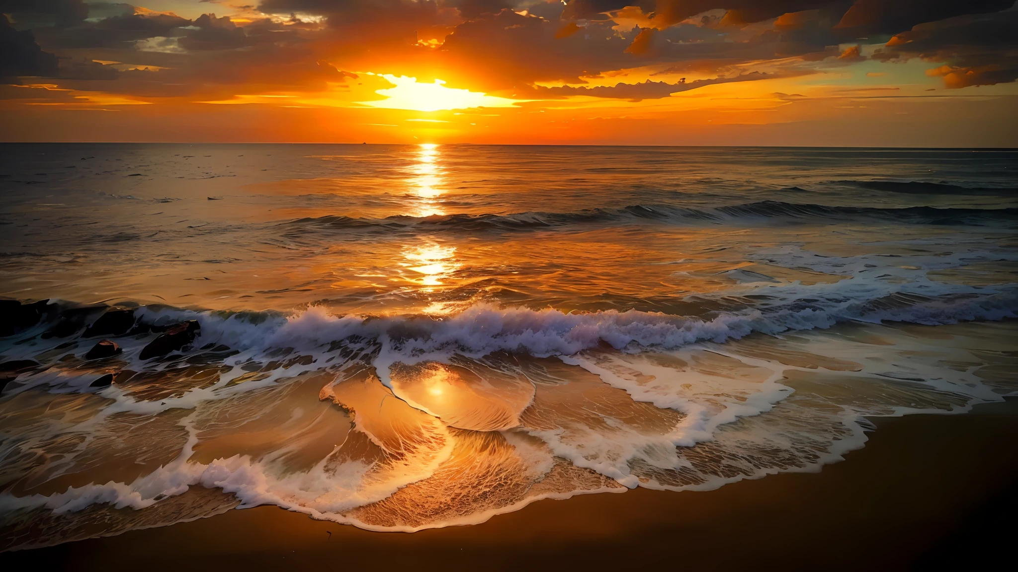 Absolutely mesmerizing sunset on the beach with a mix of oranges, pinks and yellows in the sky. The water is crystal clear, gently kissing the shore, and the white sand is endless. The scenes are action-packed and breathtaking, with seagulls soaring high in the sky and palm trees swaying gently. Immerse yourself in the calm atmosphere and let the serenity surround you.