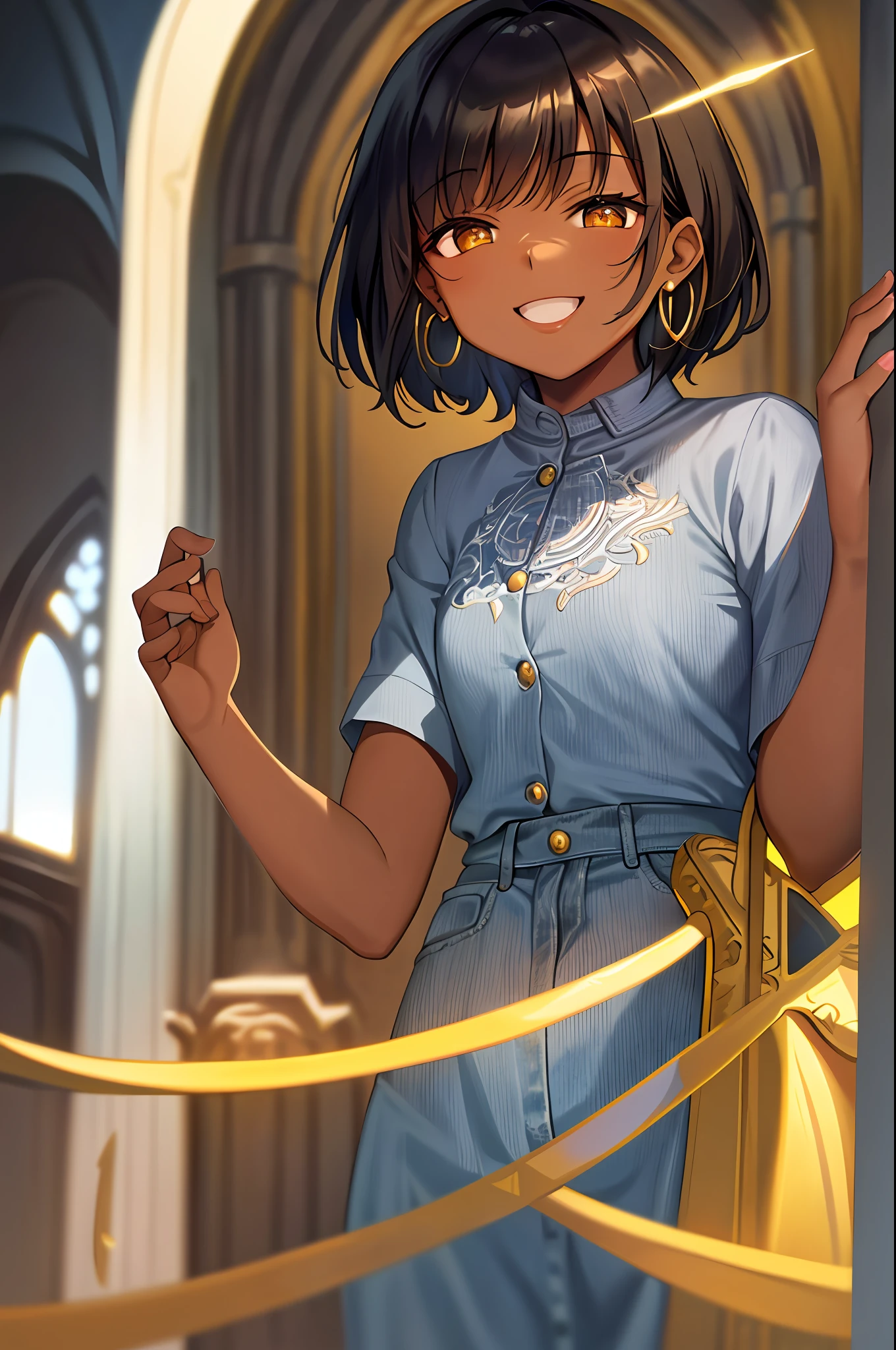 masterpiece, best quality, bright and playful eyes, detailed pupils, rays of god, ray of sun, inside a church, smiling, big smile, 1girl, solo focus, (Angel: 1.2), halo, aura, magic, Yellow eyes, (Dark Skinned Female:1.2), flowery dress, denim jacket, large hoop earrings, paints above lip, short hair channel beak, beautiful smile, small breasts,  oval face, big cheeks, wonderful, joy