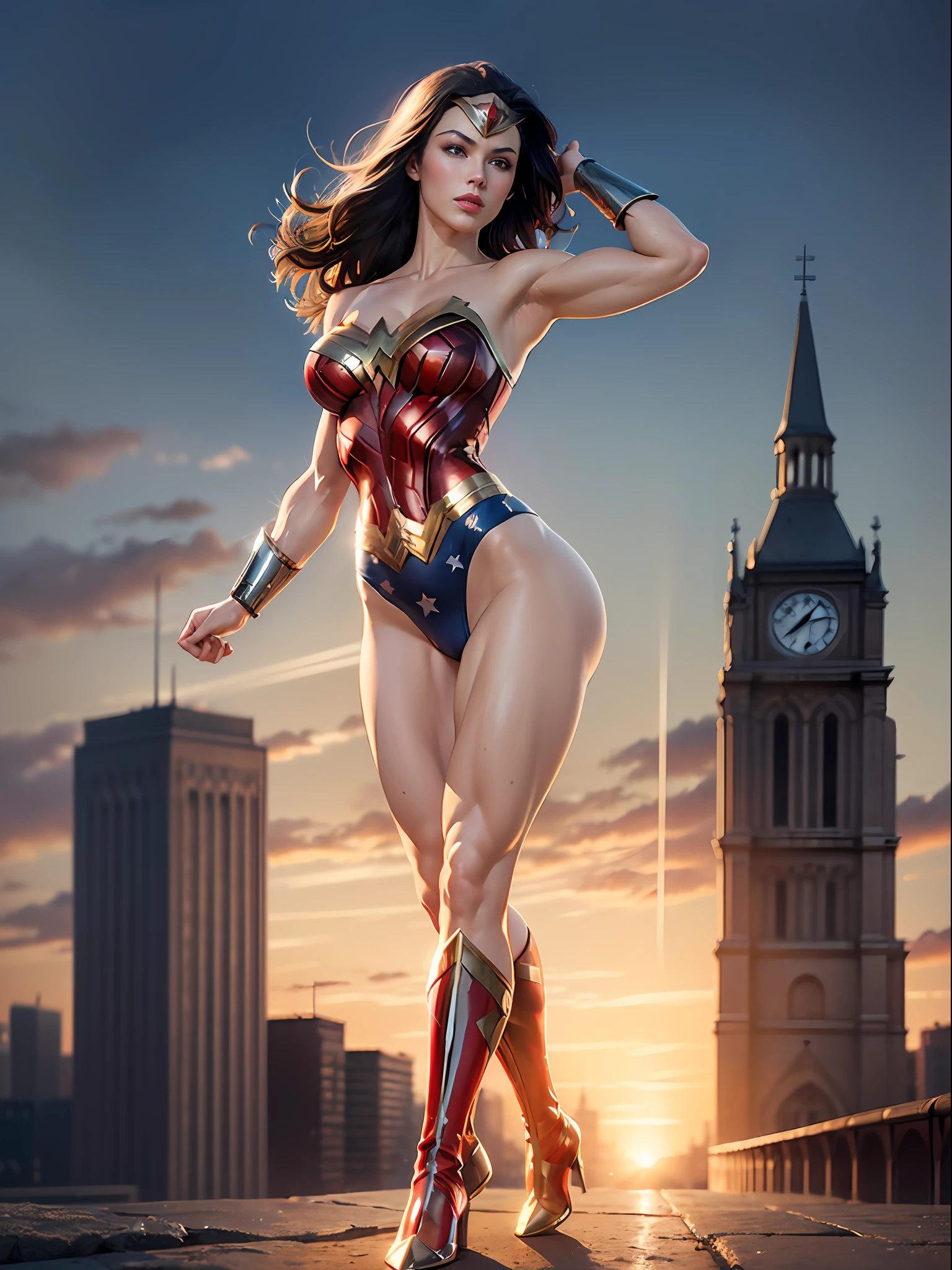 ((Full body photo, feet on the ground, front view)). Wonder Woman, (intricate details, makeup), (delicate and beautiful delicate face, delicate and beautiful delicate eyes, perfectly proportioned face), (realistically glowing skin: 1.0), delicate skin, strong and realistic blue eyes, realistic black hair, lips, makeup, natural skin texture, tiara, jewelry, star \(symbol\), leotard, bulletproof gauntlet, red boots, golden belt, (public clothing: 1.5), bare shoulders, slightly sunburned complexion, mature, sexy,  Elasticity muscles, (muscles:1.2), ((strong and healthy body)), ((((more) muscles))), long legs, curves, (big breasts: 1.3), split, thin waist, soft waist, (delicate skin), (beautiful and sexy woman), (swollen lips: 0.9), (eyelashes: 1.2), very delicate muscles, perfect body, extremely exhibitionist, very tight on the body. ((standing on a church pylon, city background, night, city sign)). ((from head to toe, whole body)). Serious, clenched fist, fighting stance, 16K, high quality, high detail, award-winning high resolution, textured skin, anatomically accurate, masterpiece, accurate, UHD, (realistic and realistic photo: 1.37),