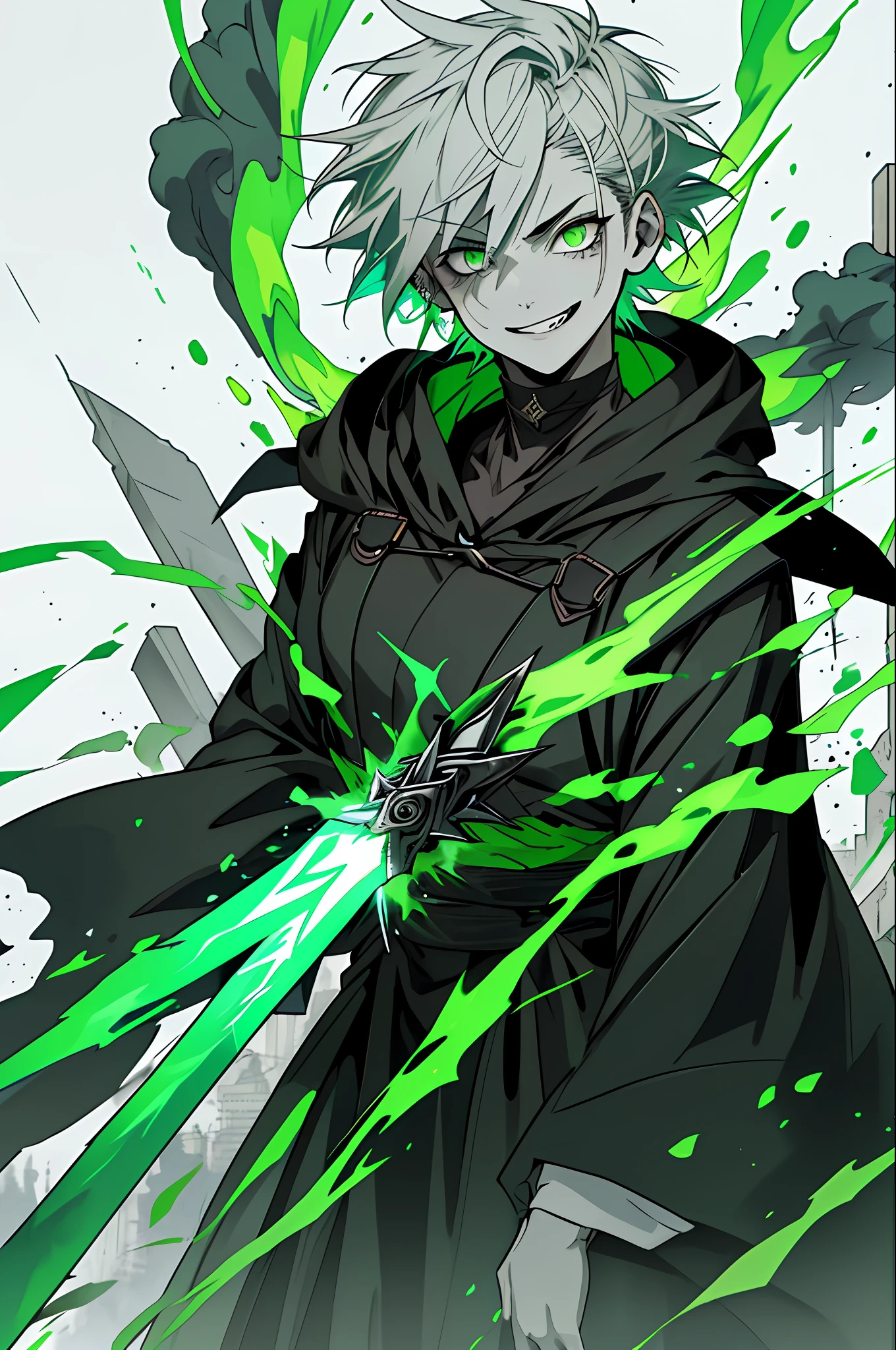 A woman with extremely gray and slightly skin, square face and with an expression of cruel and psychopathic laughter, short pixie-style hair and white, her eyes completely green, wearing long black witch robes with green details and lines, casting green spells, green flames, a backdrop of a destroyed city burning in green fire. Villain aesthetic, conjuring green energy swords