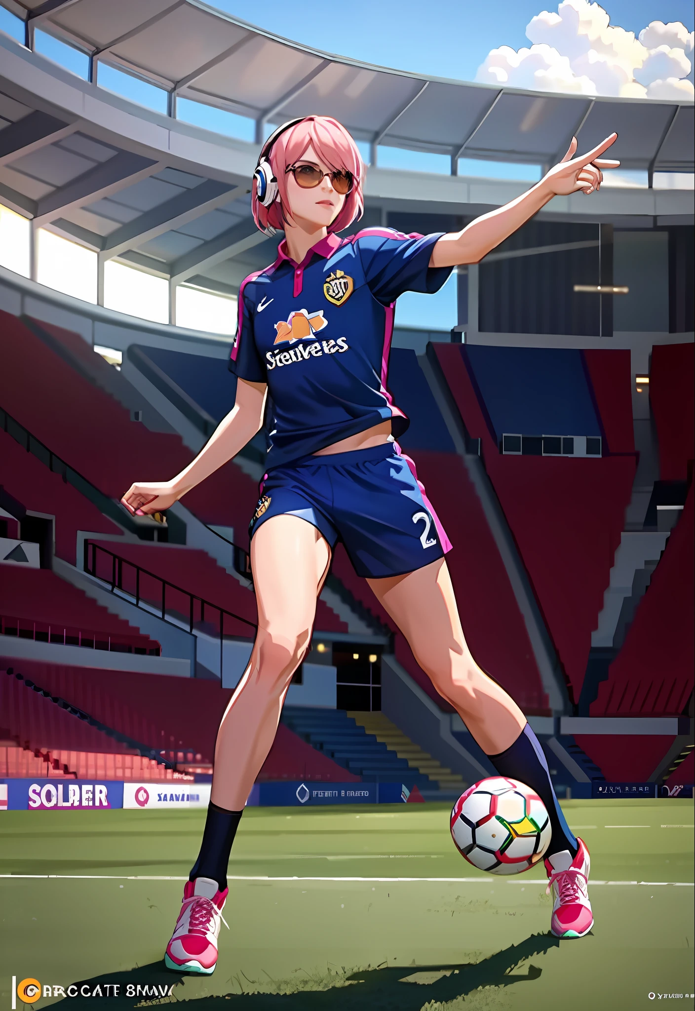 Top quality, masterpiece, ultra high resolution, (photorealistic: 1.4), highly detailed, professional lighting
smile,play football,In the stadium,wear soccer jersey and soccer shorts, futsal boots, sprint towards the ball, sunny atmosphere, ultra-realistic and cinematic, ultra-detailed resolution images, 8k graphics, large stadium, full body, ultra close view,western woman,perfect style,pink hair,bob hair,wearing sunglasses, Wearing headphones