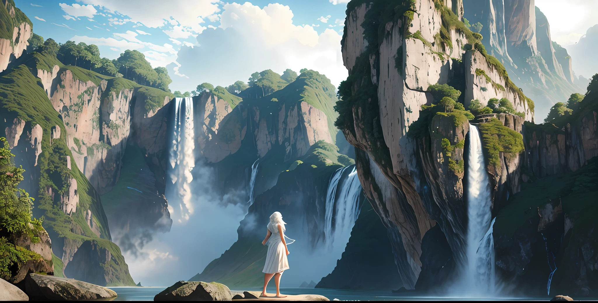 a woman in a white dress standing on a cliff with a waterfall in the background and a waterfall flowing from her, Clint Cearley, magic the gathering artwork, a detailed matte painting, fantasy art,barefoot, cloud, cloudy_sky, floating_hair, long_hair, black hair,male_focus, mountain, outdoors, sky, solo, standing, white_hair, wide_sleeves, wind,
hdr, (photorealism, masterpiece quality, best quality),