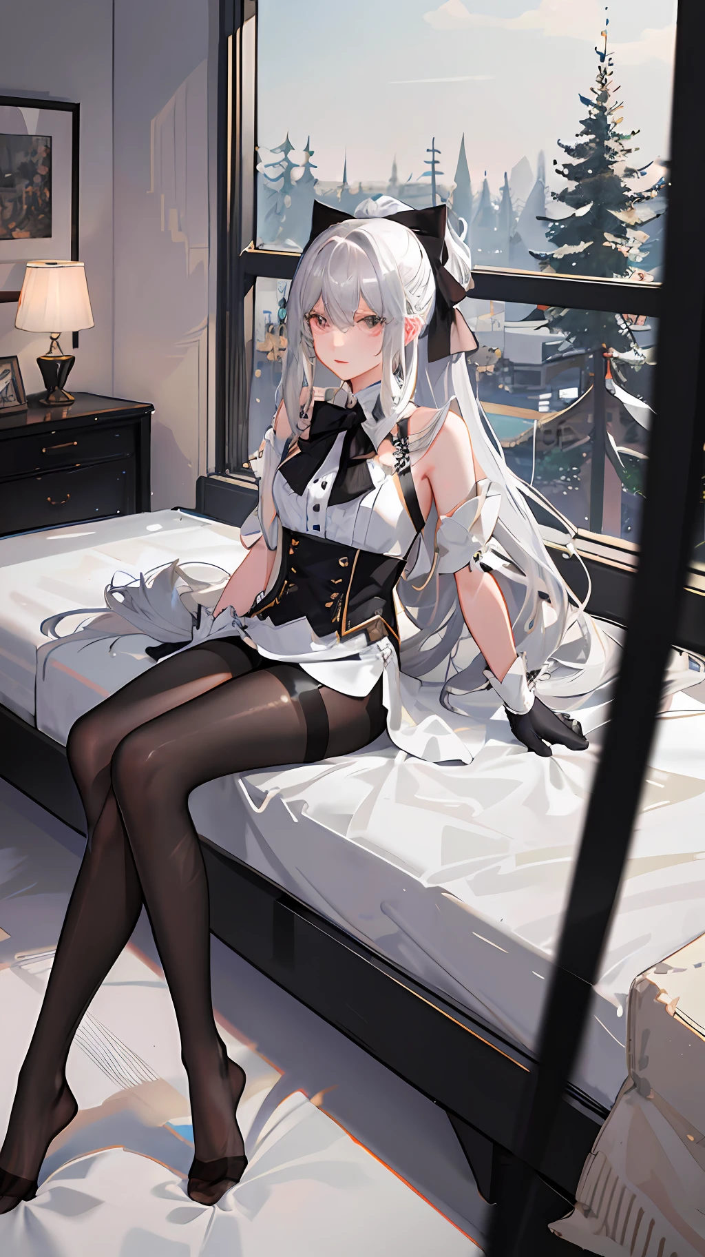 (((1 girl)),ray tracing,(dim lighting),[detailed background (bedroom)),((silver hair)),((silver hair)),(Fluffy silver hair, plump slender girl)) with high ponytail)))) Avoid blonde eyes in the ominous bedroom ((((Girl wears intricately embroidered black high-waisted pants with pantyhose) and white ruffled bow gloves), showing a delicate slim figure and graceful curves, correct limbs, sitting on the bed