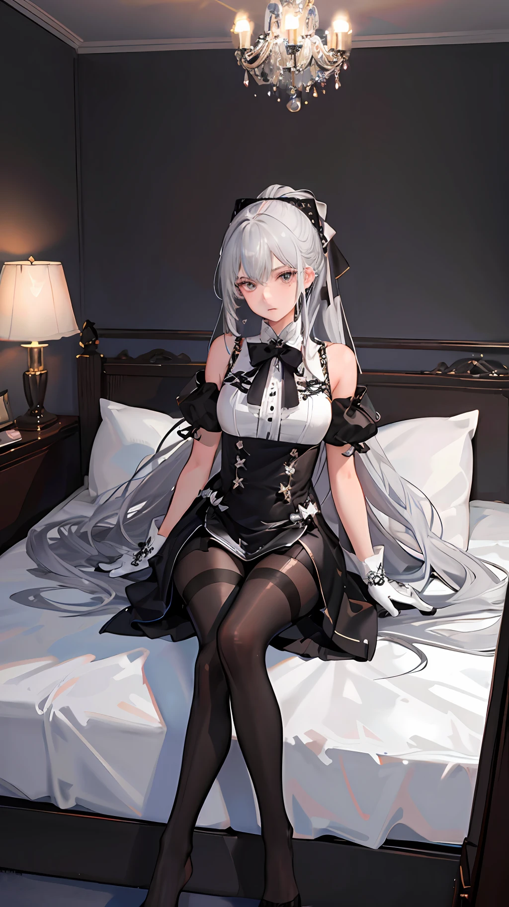 (((1 girl)),ray tracing,(dim lighting),[detailed background (bedroom)),((silver hair)),((silver hair)),(Fluffy silver hair, plump slender girl)) with high ponytail)))) Avoid blonde eyes in the ominous bedroom ((((Girl wears intricately embroidered black high-waisted pants with pantyhose) and white ruffled bow gloves), showing a delicate slim figure and graceful curves, correct limbs, sitting on the bed