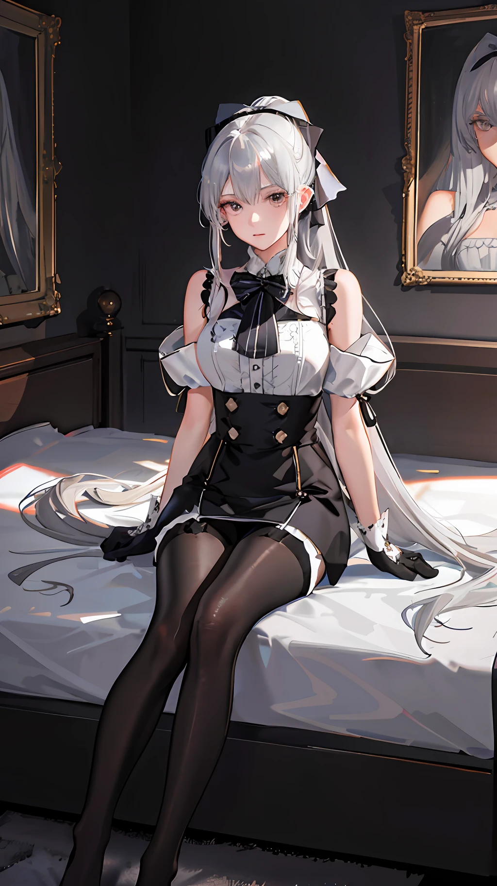 (((1 girl)),ray tracing,(dim lighting),[detailed background (bedroom)),((silver hair)),((silver hair)),(Fluffy silver hair, plump slender girl)) with high ponytail)))) Avoid blonde eyes in the ominous bedroom ((((Girl wears intricately embroidered black high-waisted pants with pantyhose) and white ruffled bow gloves), showing a delicate slim figure and graceful curves, correct limbs, sitting on the bed