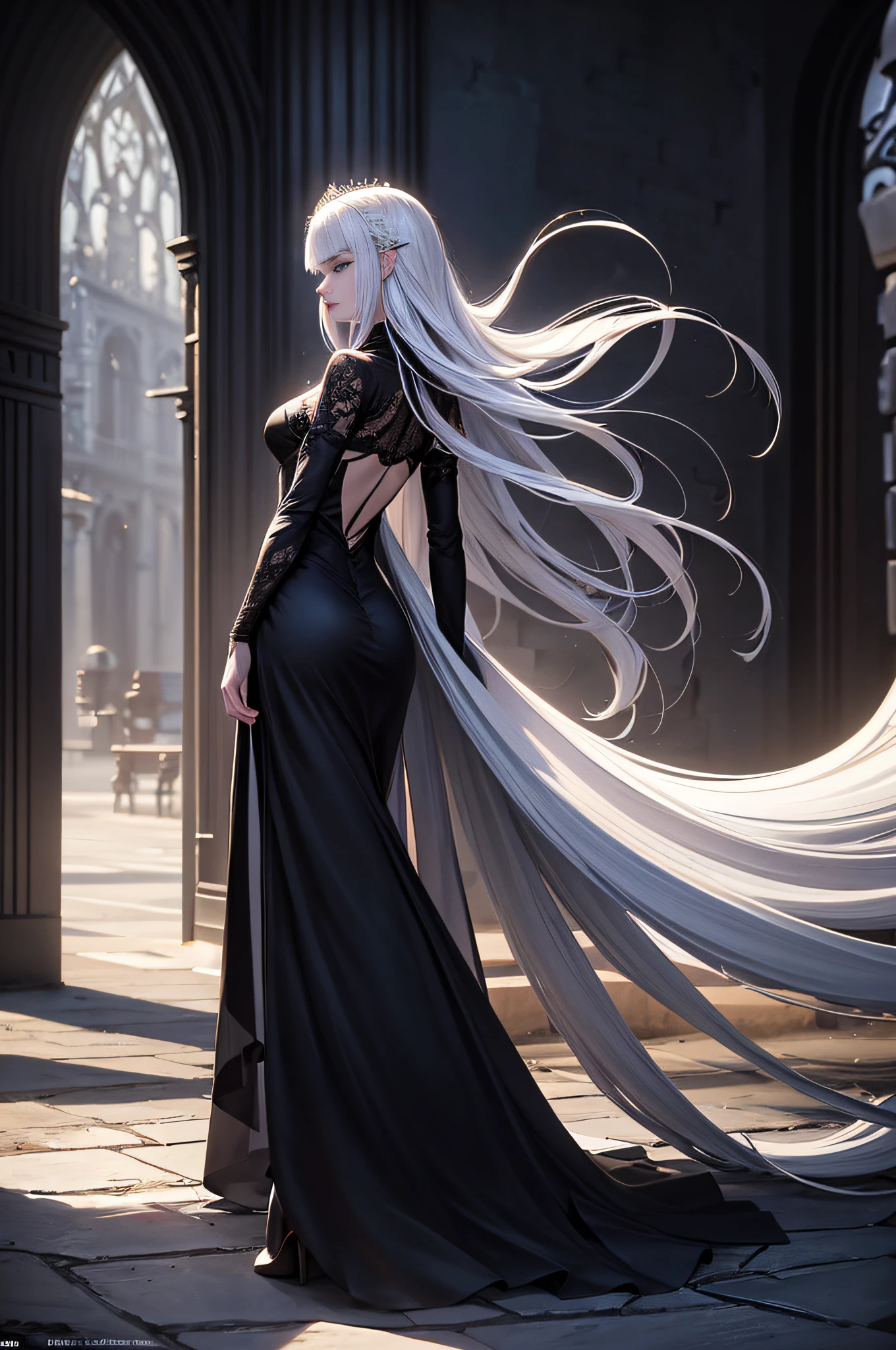 FS, an albino girl with perfect 10 features and long black Rapunzel-like hair, stands in a picturesque Avatar-like scene. Her body is graceful with a petite bust and slender legs. The girl looks stunning in a sheer organza dress with intricate designs. Her high-heeled shoes are elegant with golden patterns. The sunlight creates a subtle silhouette around her contours from the back, while soft and filling light illuminates her from the front. This scene has photorealistic qualities and is a concept art that creates a wow effect of:2. It can be found on the website 500px with hyper-superior details