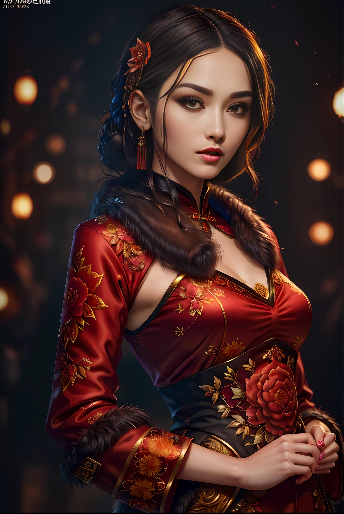 Realistic, high resolution, 1 girl in gorgeous cheongsam, fur,(intricately hyperdetailed costume:1.4,extremely gorgeous costume,in the dark:1.4),1930s Shanghai,underspotlight,retro microphone,neons,masterpiece,perfect anatomy, perfect face,abstract beauty,illustration, best quality, (official art, extremely detailed CG unity 8k wallpaper), highly detailed, absurdres, 8k resolution,(((realistic))),(((photorealistic))),pureerosface_v1,octane rendering,trending on artstation