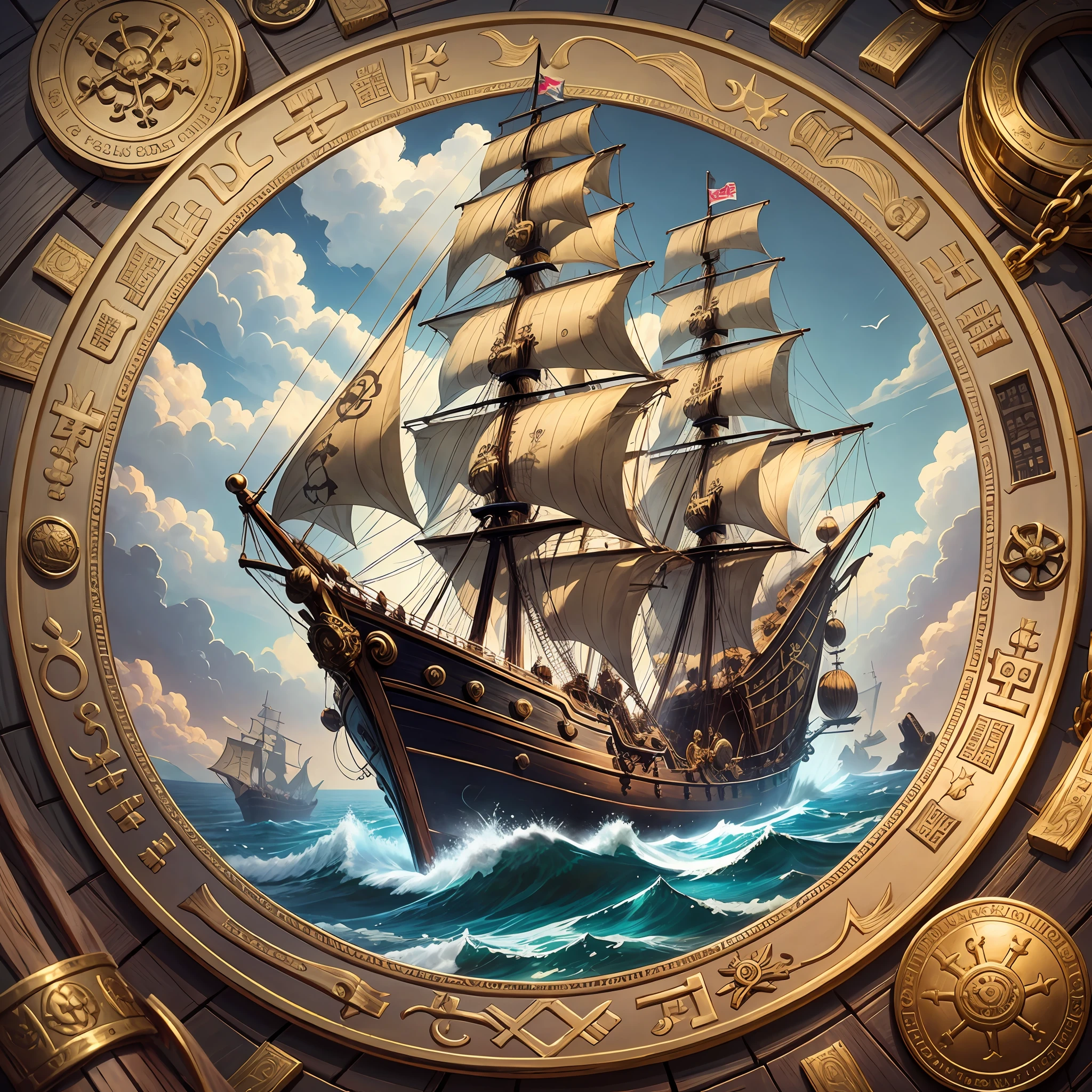 Pirate ship logo in the middle of gold and silver coin --auto --s2