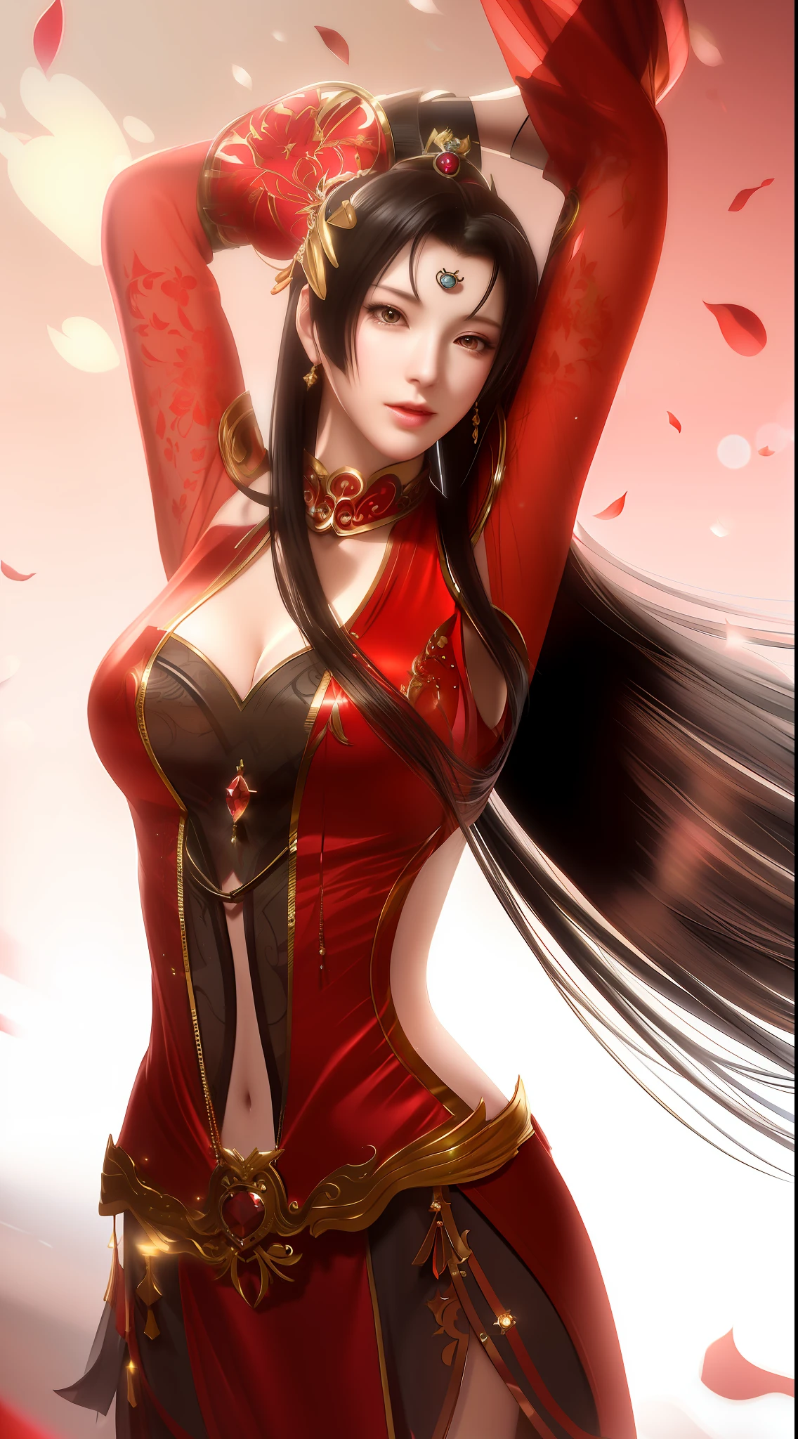 a close up of a woman in a red dress with long hair, beautiful alluring anime woman, a beautiful fantasy empress, inspired by Du Qiong, seductive tifa lockhart portrait, ((a beautiful fantasy empress)), seductive anime girl, beautiful anime woman, glamorous tifa lockheart, beautiful avatar pictures, mai shiranui, lady in red armor, tifa, (lingerie:1.2), photo realistic, upon_body, tyndall effect, photorealistic, dark studio, rim lighting, two tone lighting, (high detailed skin:1.2), 8k uhd, dslr, soft lighting, high quality, volumetric lighting, candid, Photograph, high resolution, 4k, 8k, Bokeh,