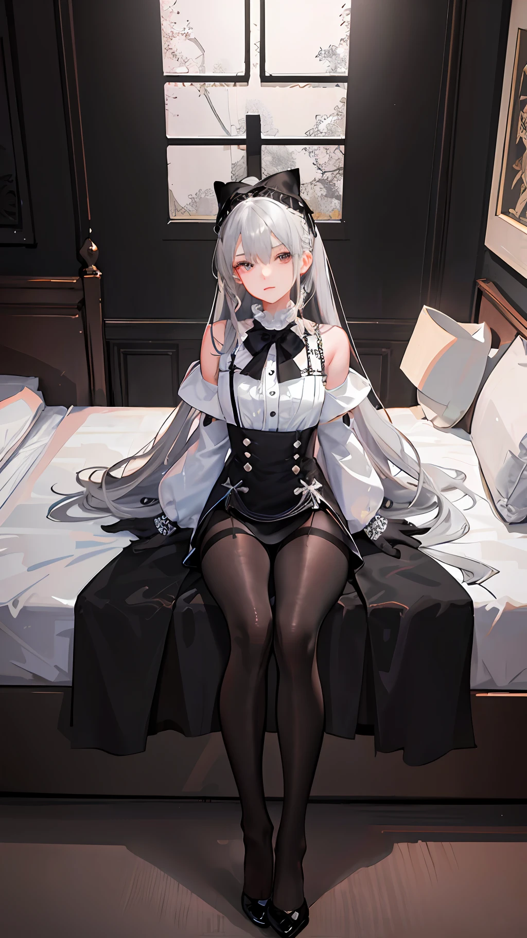 (((1 girl)),ray tracing,(dim lighting),[detailed background (bedroom)),((silver hair)),((silver hair)),(Fluffy silver hair, plump slender girl)) with high ponytail)))) Avoid blonde eyes in the ominous bedroom ((((Girl wears intricately embroidered black high-waisted pants with pantyhose) and white ruffled bow gloves), showing a delicate slim figure and graceful curves, correct limbs, sitting on the bed