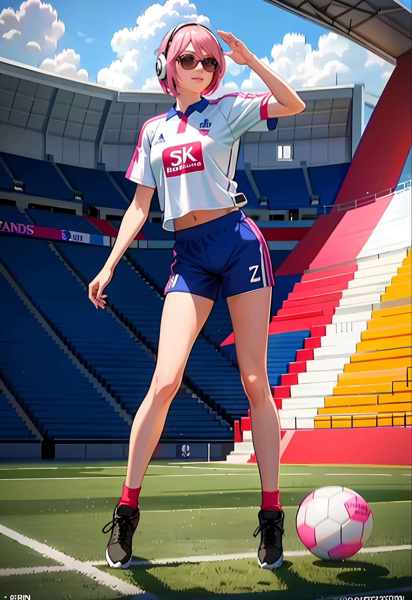 Top quality, masterpiece, ultra high resolution, (photorealistic: 1.4), highly detailed, professional lighting
smile,play football,In the stadium,wear soccer jersey and soccer shorts, futsal boots, sprint towards the ball, sunny atmosphere, ultra-realistic and cinematic, ultra-detailed resolution images, 8k graphics, large stadium, full body, ultra close view,western woman,perfect style,pink hair,bob hair,wearing sunglasses, Wearing headphones