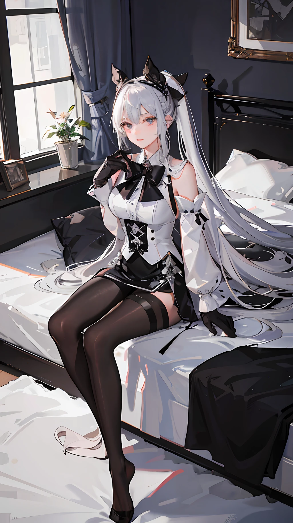 (((1 girl)),ray tracing,(dim lighting),[detailed background (bedroom)),((silver hair)),((silver hair)),(Fluffy silver hair, plump slender girl)) with high ponytail)))) Avoid blonde eyes in the ominous bedroom ((((Girl wears intricately embroidered black high-waisted pants with pantyhose) and white ruffled bow gloves), showing a delicate slim figure and graceful curves, correct limbs, sitting on the bed