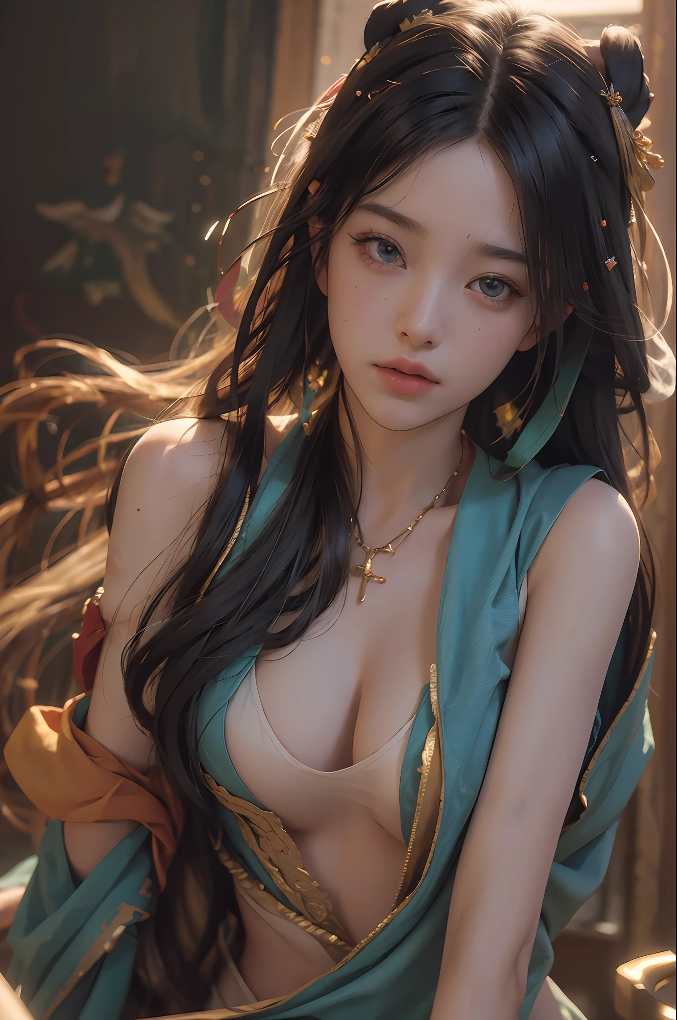 nsfw,(RAW photo, best quality),(realistic, photo-realistic:1.3),best quality,highly detailed,masterpiece,ultra-detailed,illustration,1girl,upper_body,dynamic angle,world masterpiece theater,messy_long_hair,best quality,extremely detailed CG unity 8k wallpaper,ink,Amazing,cinematic lighting,lens_flare,dunhuang_style,
