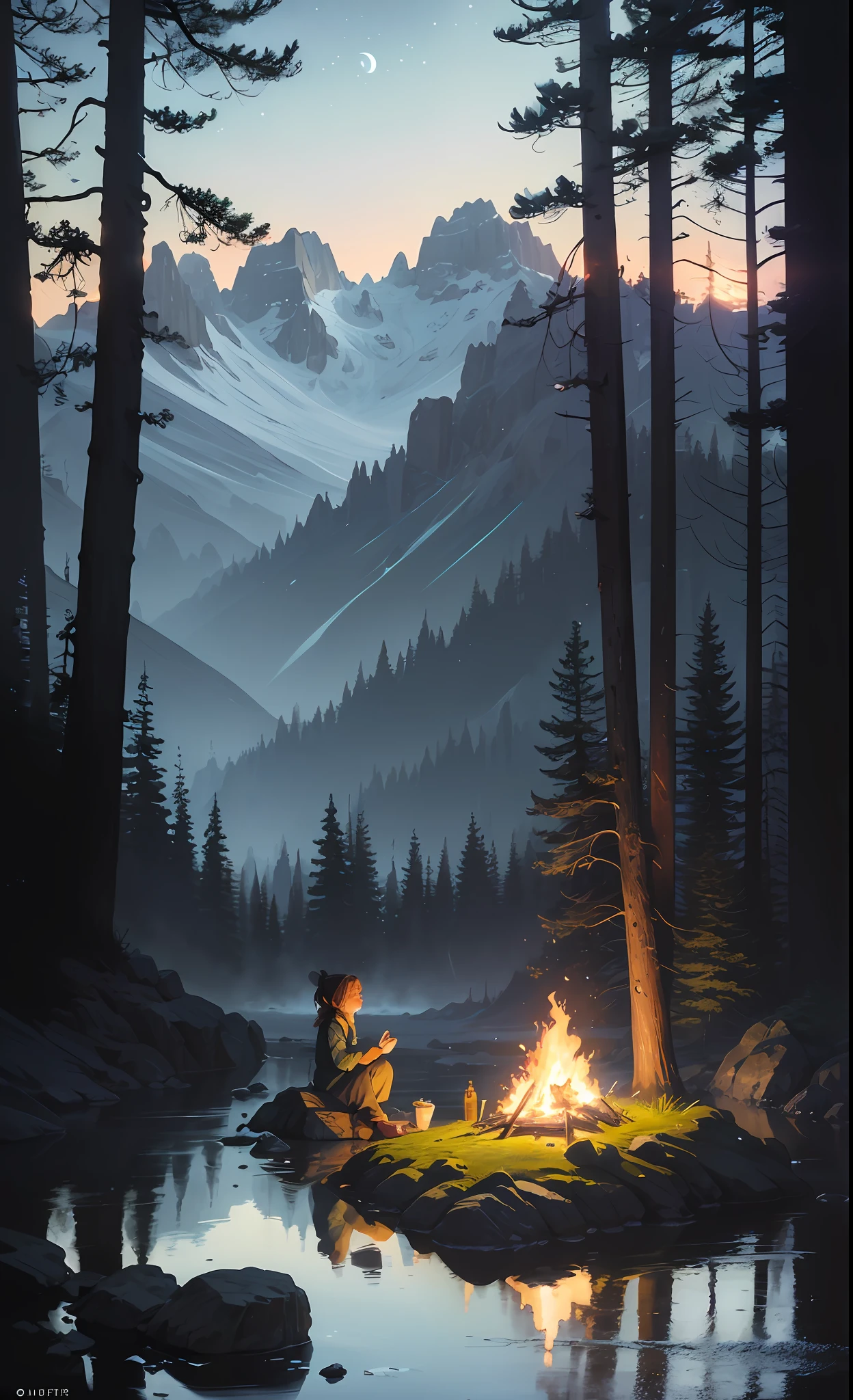 Masterpiece, Best Quality, Ultra Detailed, Illustration, 1girl, Solo, Outdoor, Camping, Night, Mountains, Nature, Stars, Moon, Campfire, Tent, Double Ponytail, Green Eyes, Cheerful, Happy, Backpack, Sleeping Bag, Camping Stove, Water Bottle, Hiking Boots, Gloves, Sweater, Hat, Flashlight, Forest, Rock, River, Wood, Smoke, Shadow, Contrast, Clear Sky, Constellation, Milky Way, Peace, Calm, Quiet, Serenity, Distant, Secluded, Adventure, Exploration, avoidance, independence, survival, resourcefulness, challenge, perseverance, endurance, endurance, observation, intuition, adaptability, creativity, imagination, artistry, inspiration, beauty, awe, wonder, gratitude, appreciation, relaxation, enjoyment, rejuvenation, mindfulness, awareness, connection, harmony, balance, texture, detail, realism, depth, perspective, composition, color, light, shadow, reflection, refraction, hue, contrast, foreground, middle ground, background, naturalism, figurative, Figurative, impressionist, expressionist, abstract, innovative, experimental, unique