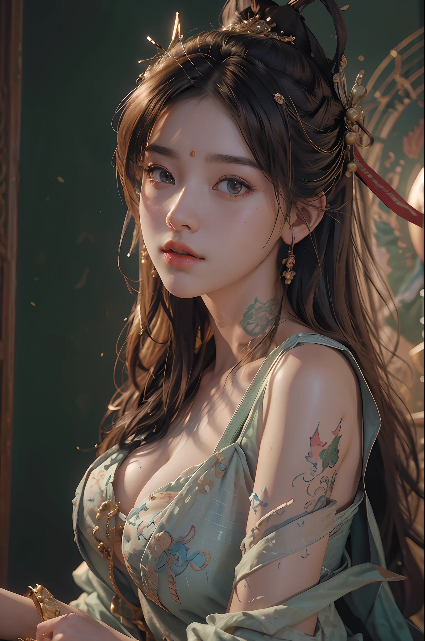 nsfw,(RAW photo, best quality),(realistic, photo-realistic:1.3),best quality,highly detailed,masterpiece,ultra-detailed,illustration,1girl,upper_body,dynamic angle,world masterpiece theater,messy_long_hair,best quality,extremely detailed CG unity 8k wallpaper,ink,Amazing,cinematic lighting,lens_flare,dunhuang_style,