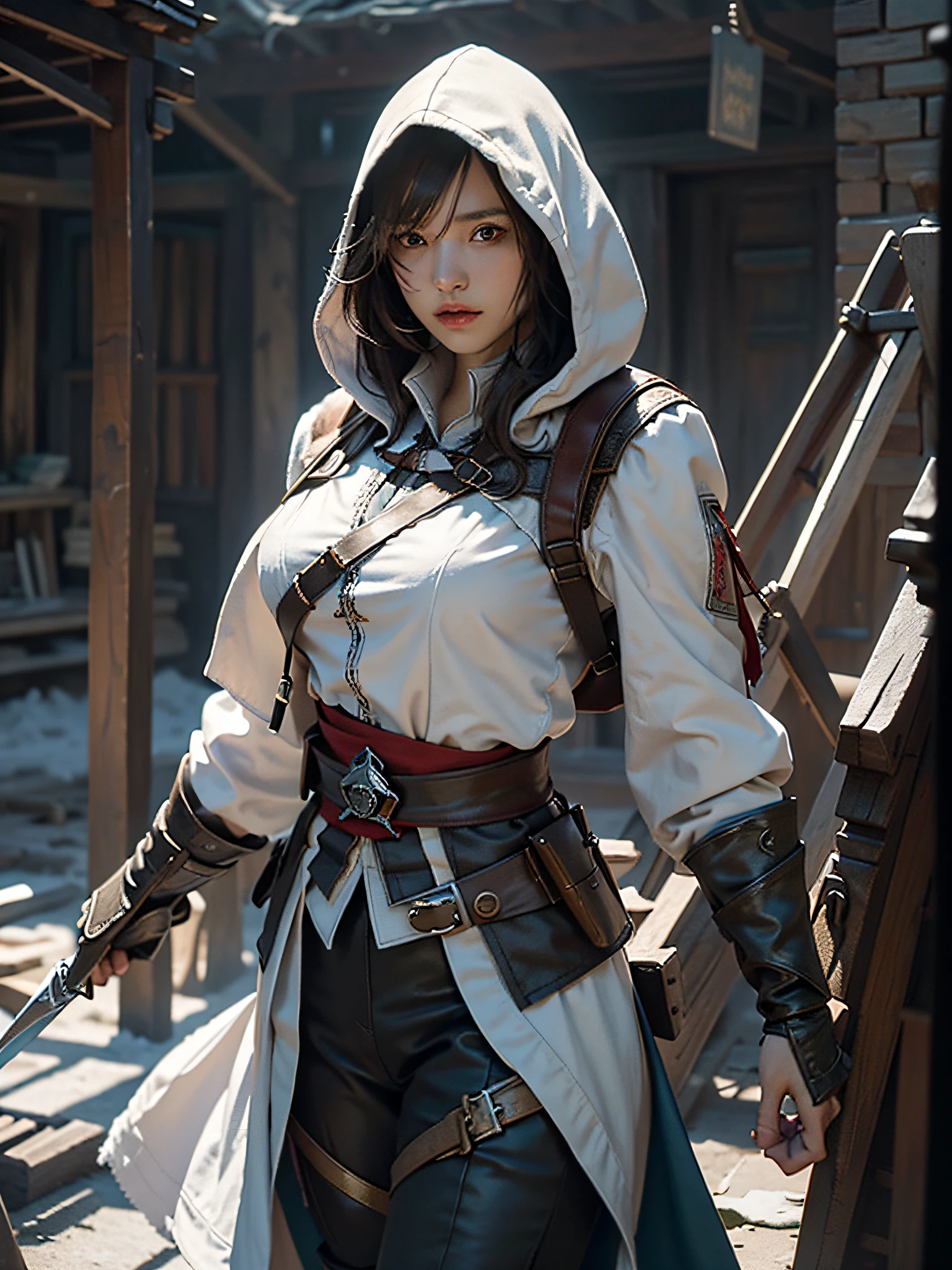 Create an Assassin’s Creed concept art-style image featuring a young girl in the midst of battle. She should be wearing a long coat with a hood, prominently displaying a hidden blade. The image should be ultra-detailed, cinematic, and capture the intensity and atmosphere of the battlefield.