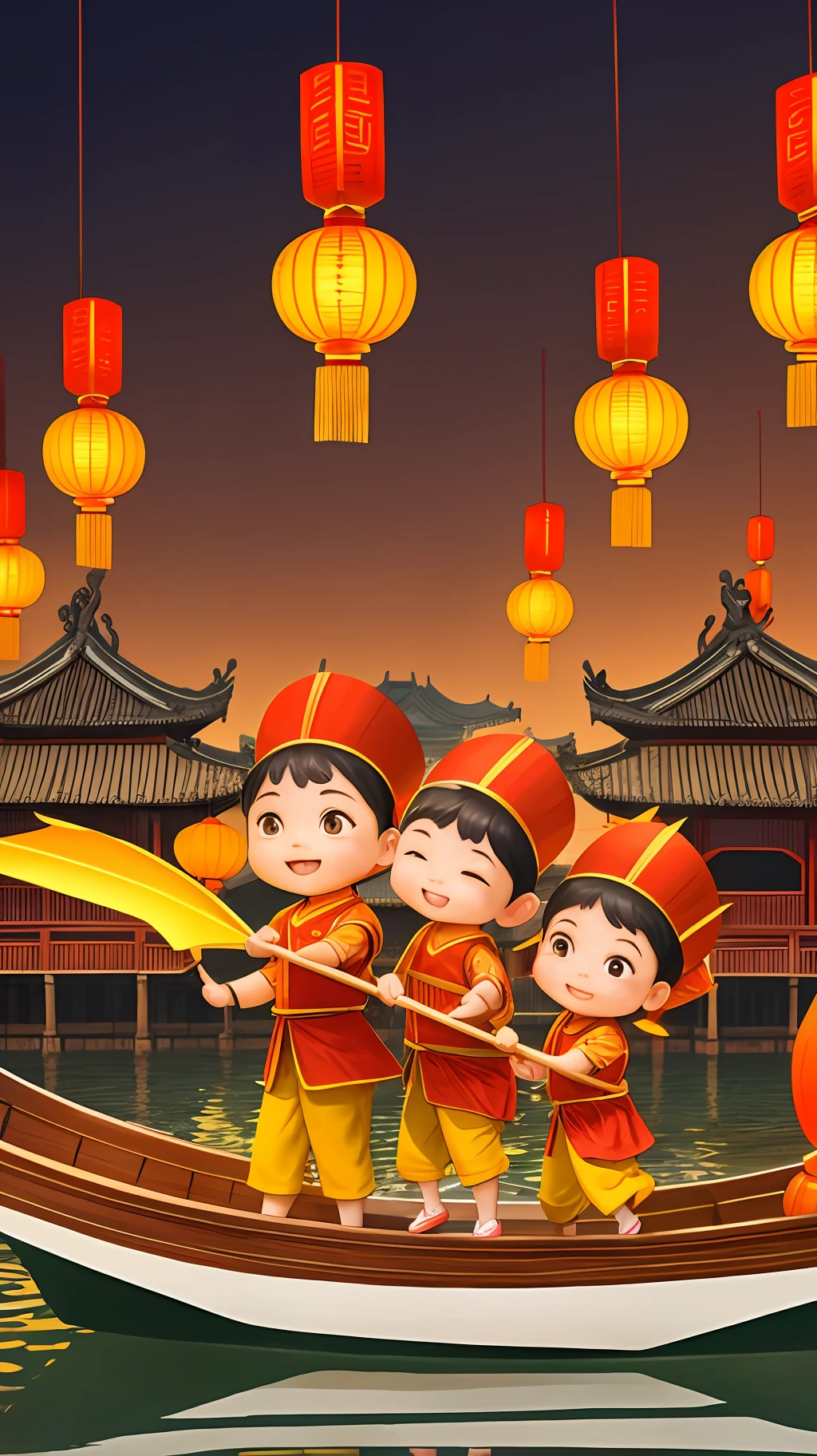 Ancient Chinese Dragon Boat Festival, three children, on a dragon boat, sightseeing Jiangnan ancient town, Pixar style, commercial design, panorama, light orange tone, reflective lights --auto --s2